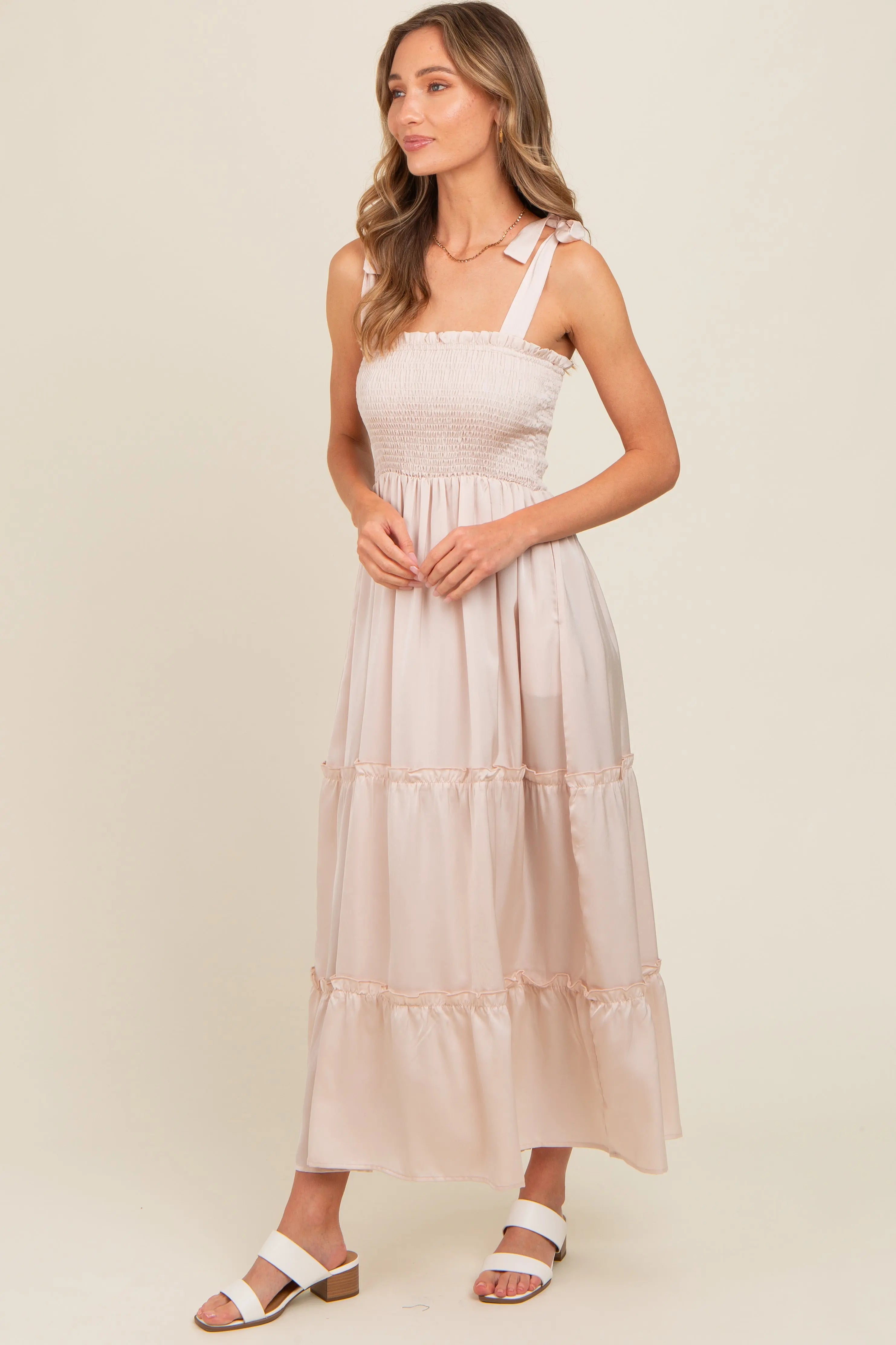 Beige Satin Smocked Maxi Dress PinkBlush