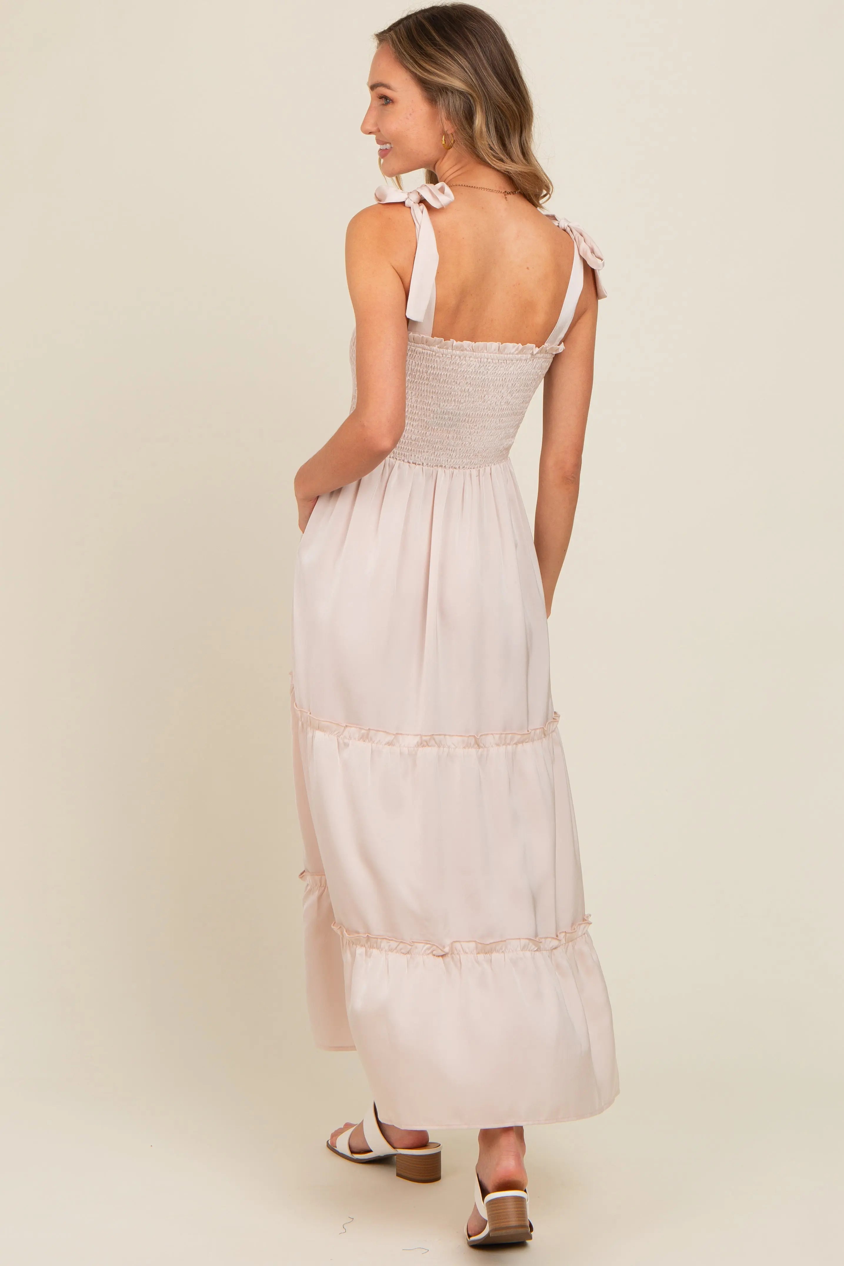 Beige Satin Smocked Maxi Dress PinkBlush