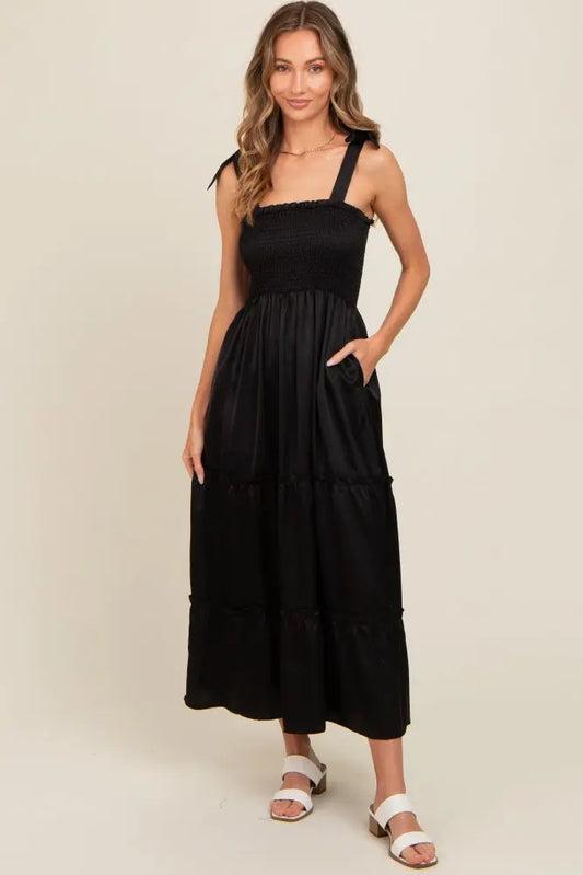 Black Satin Smocked Maxi Dress PinkBlush