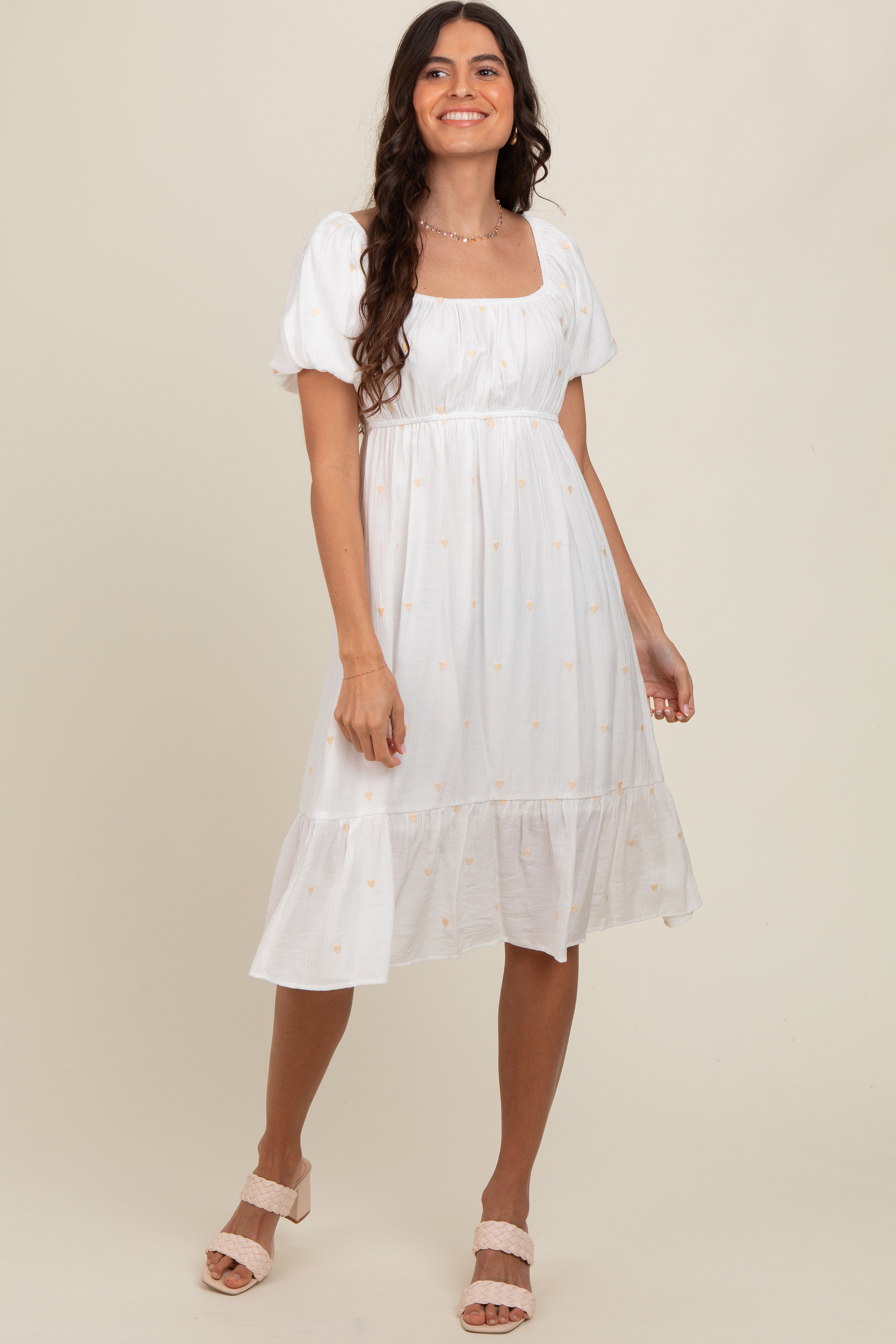 White Heart Embroidered Short Puff Sleeve Midi Dress PinkBlush