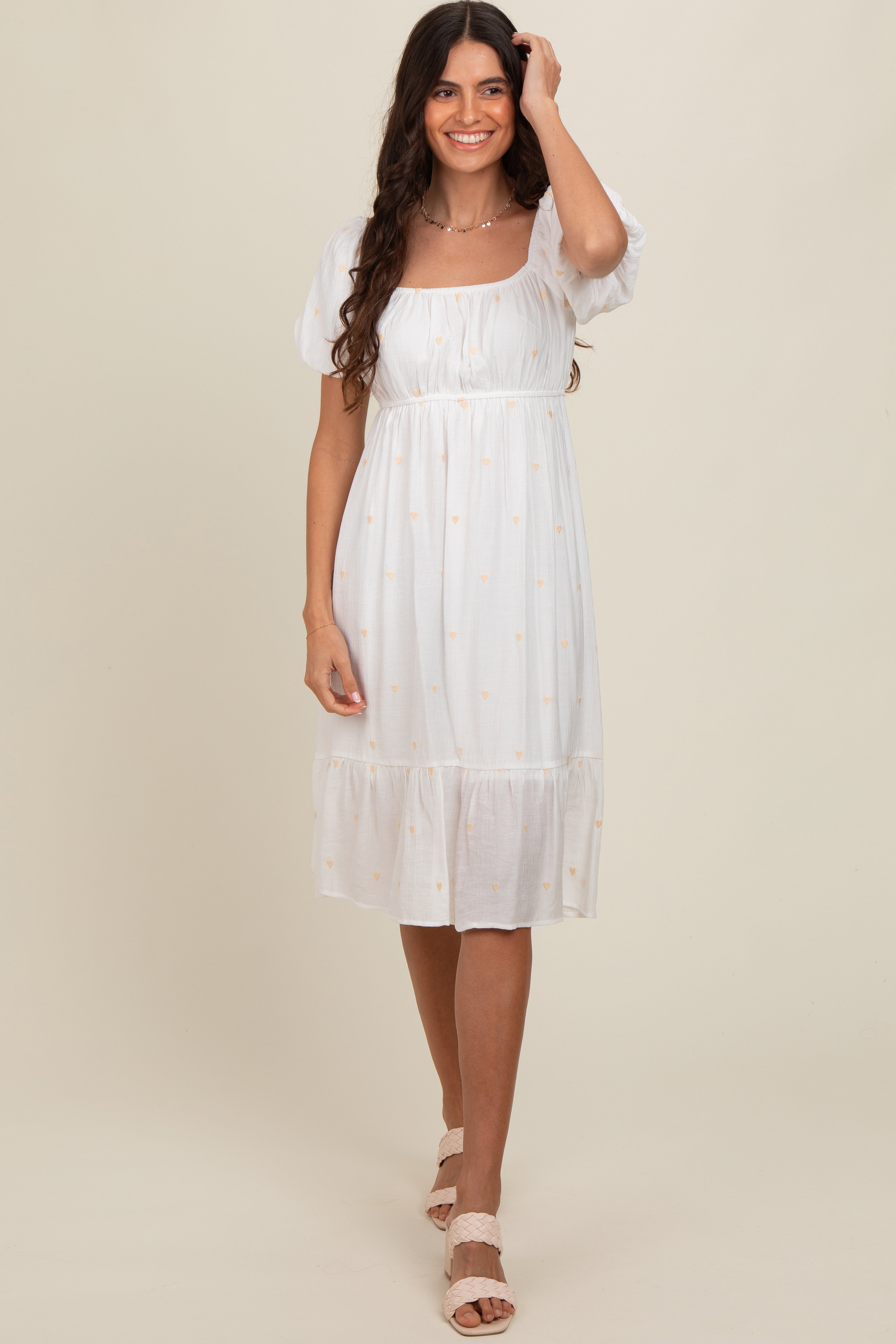 White Heart Embroidered Short Puff Sleeve Midi Dress PinkBlush