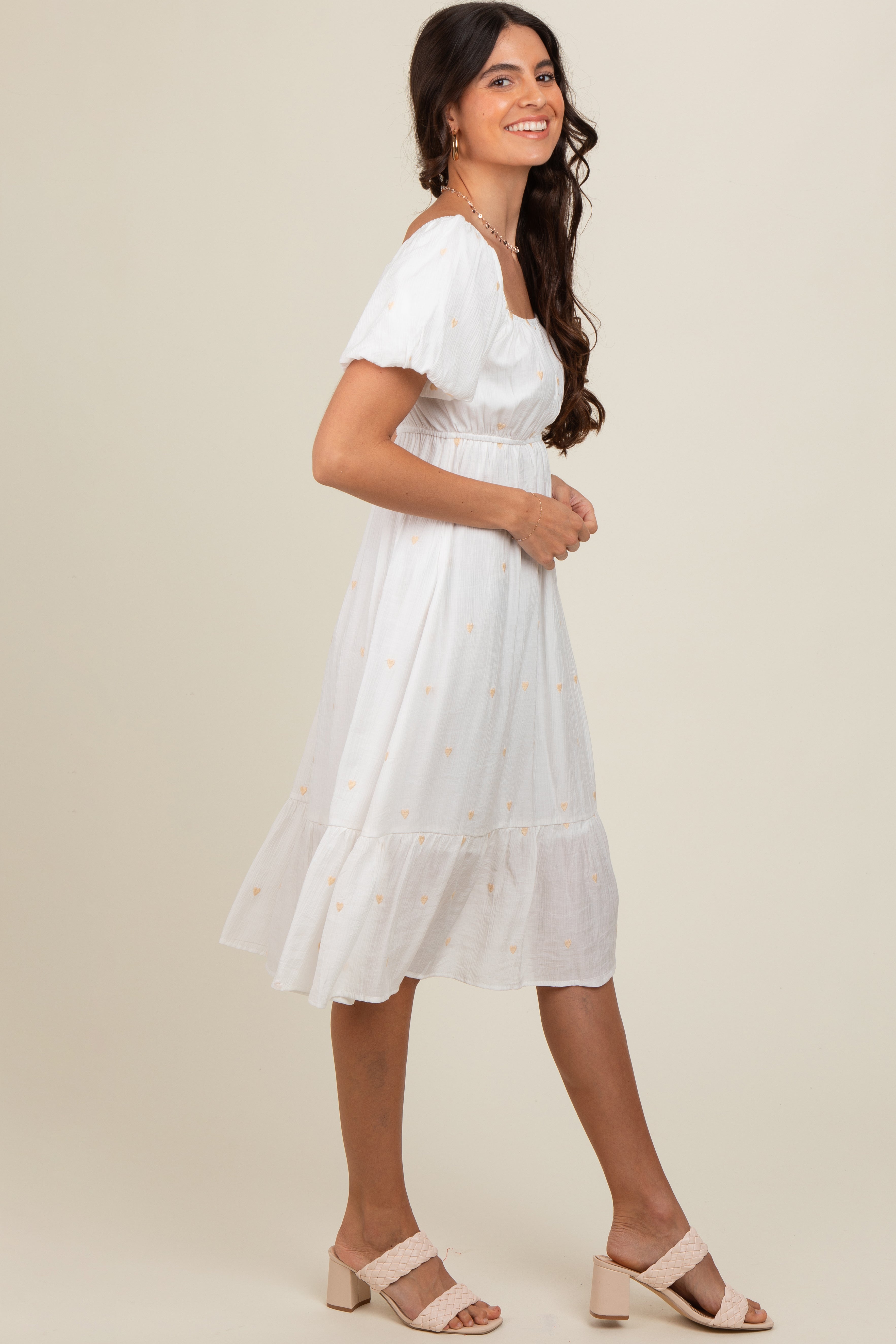 White Heart Embroidered Short Puff Sleeve Midi Dress PinkBlush