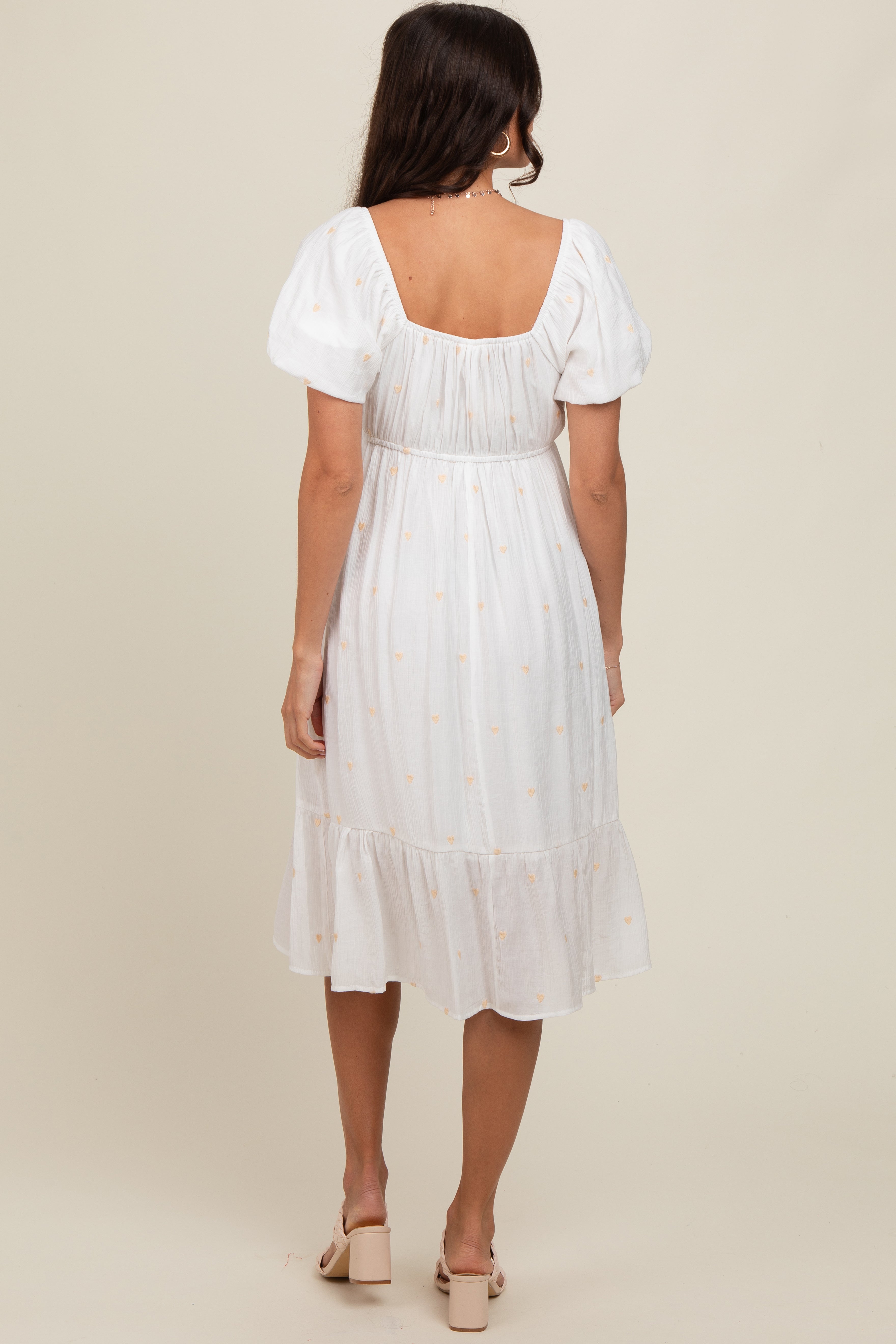 White Heart Embroidered Short Puff Sleeve Midi Dress PinkBlush