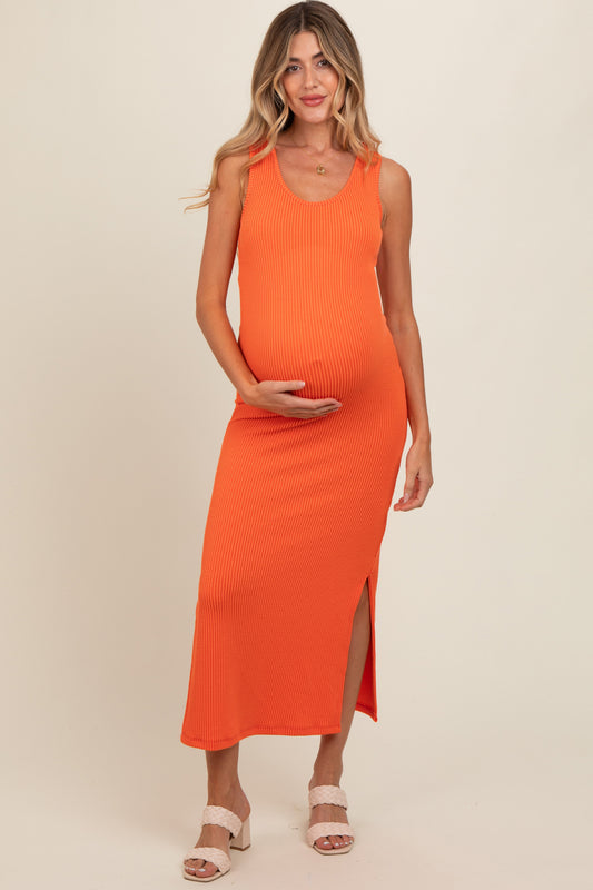 PinkBlush orange ribbed side slit maternity maxi dress full length