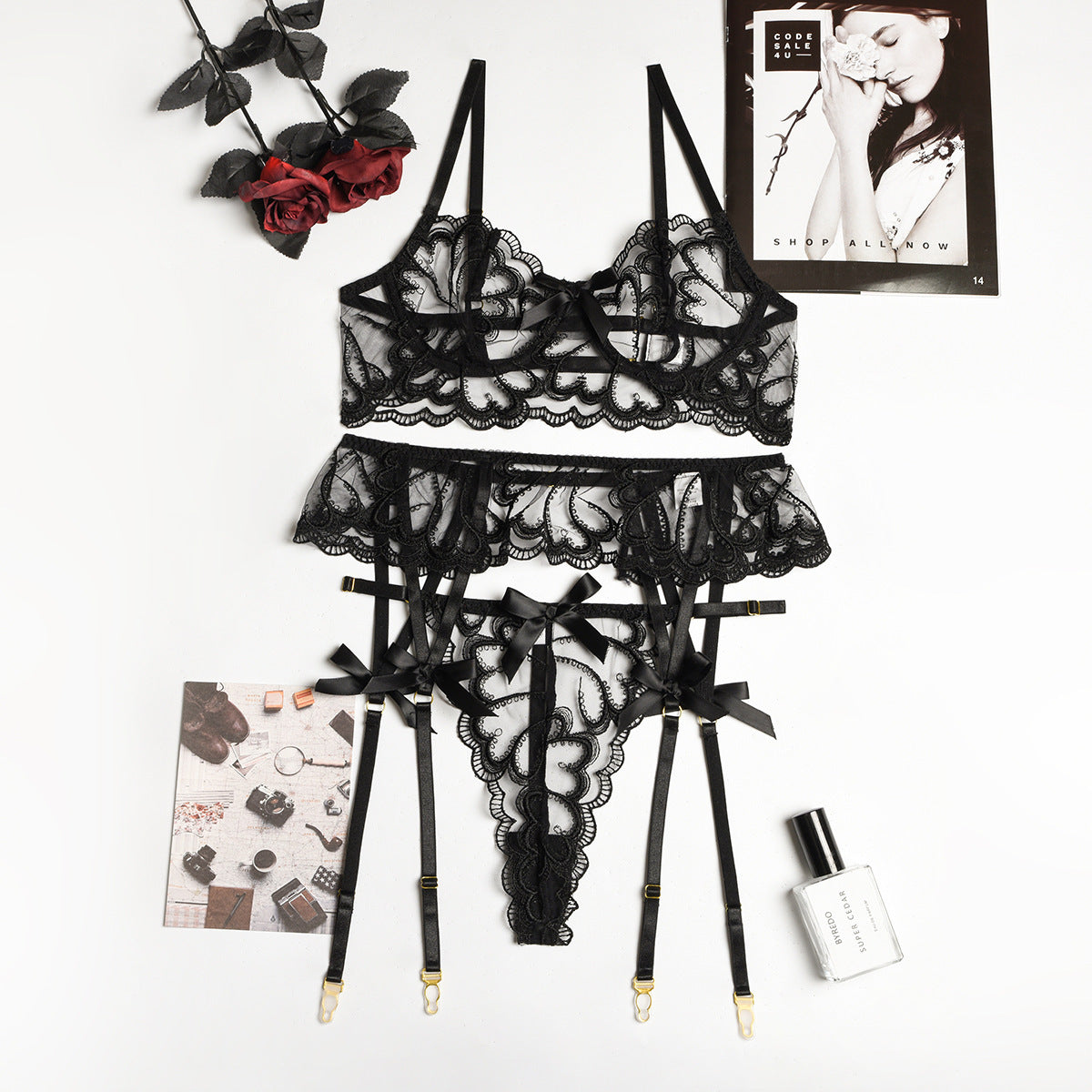 Sexy Black Transparent Mesh Lace Garter Three Piece Set Bella Mia