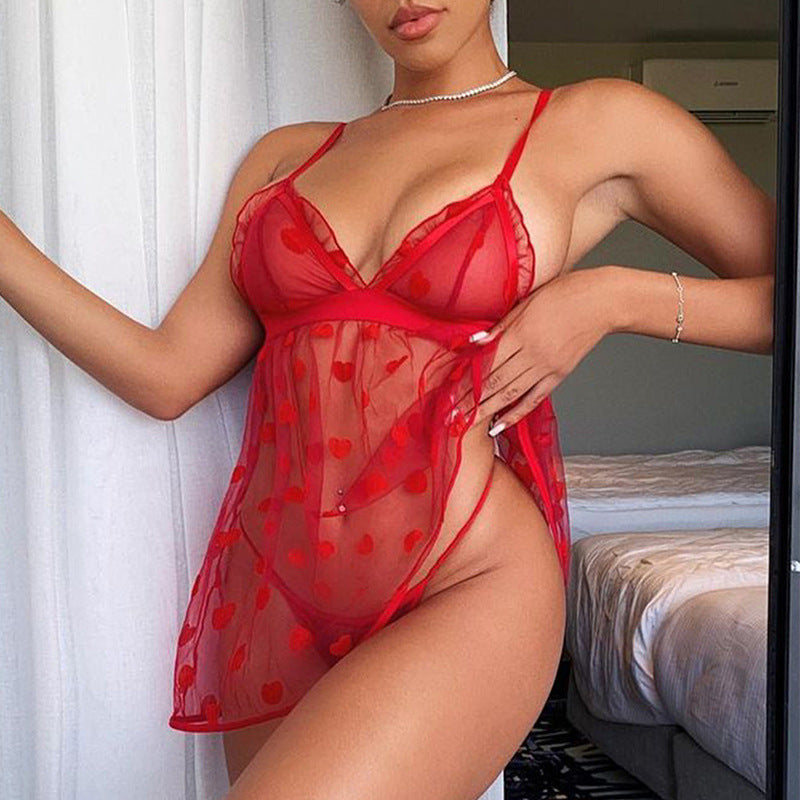 Sexy Red Mesh Heart Transparent Night Skirt Set