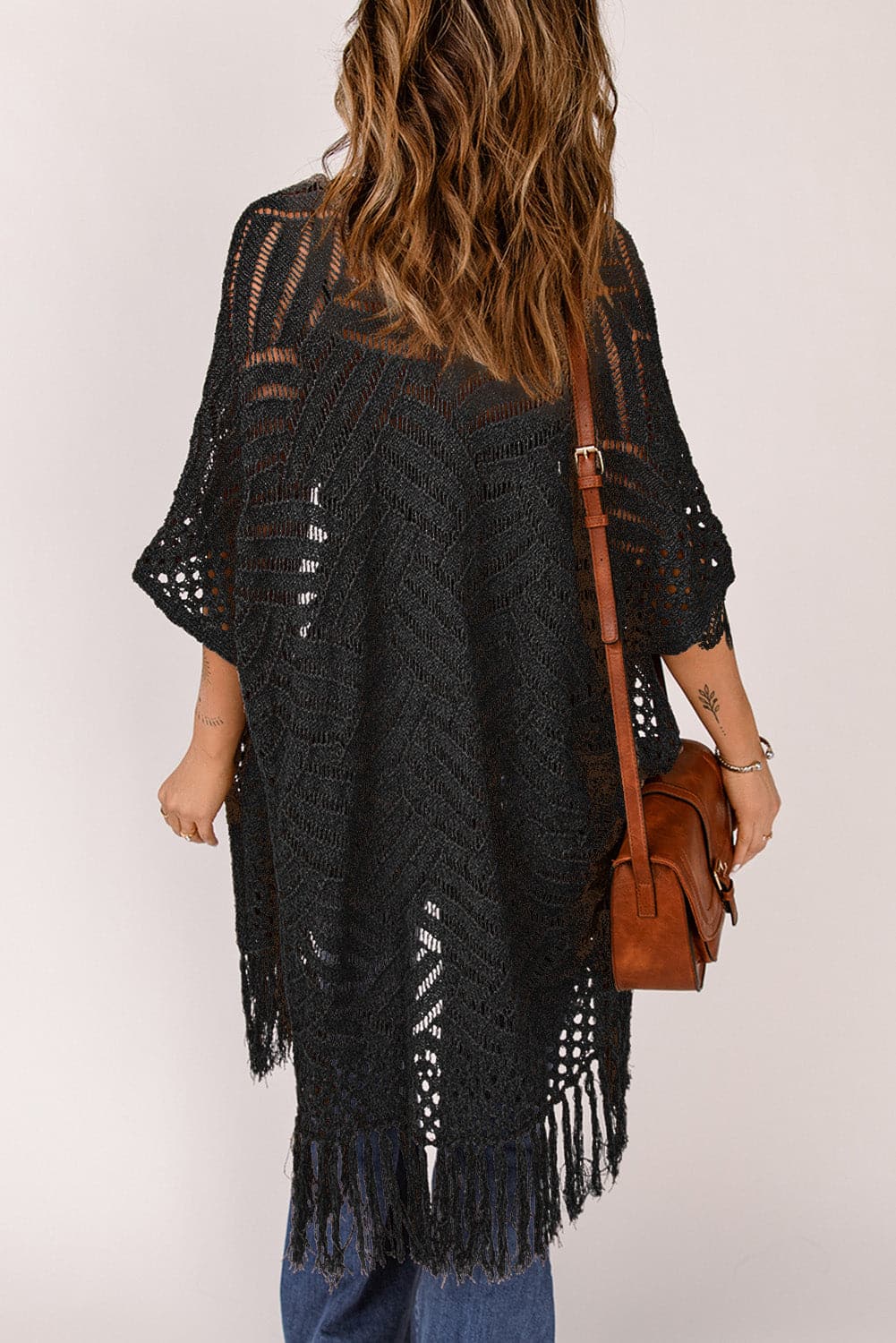 Fringe Hem Slit Open Front Cardigan.