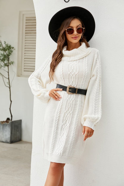 Woven Right Mixed Knit Turtleneck Lantern Sleeve Sweater Dress.