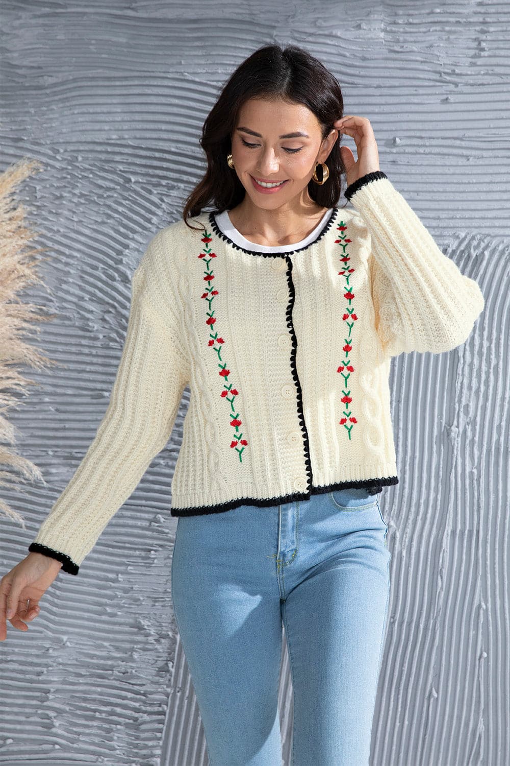 Graphic Cable-Knit Button Up Cardigan.