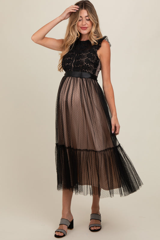 PinkBlush Black Lace Contrast Tulle Maternity Maxi Dress, elegant full-length front view for expecting mothers.