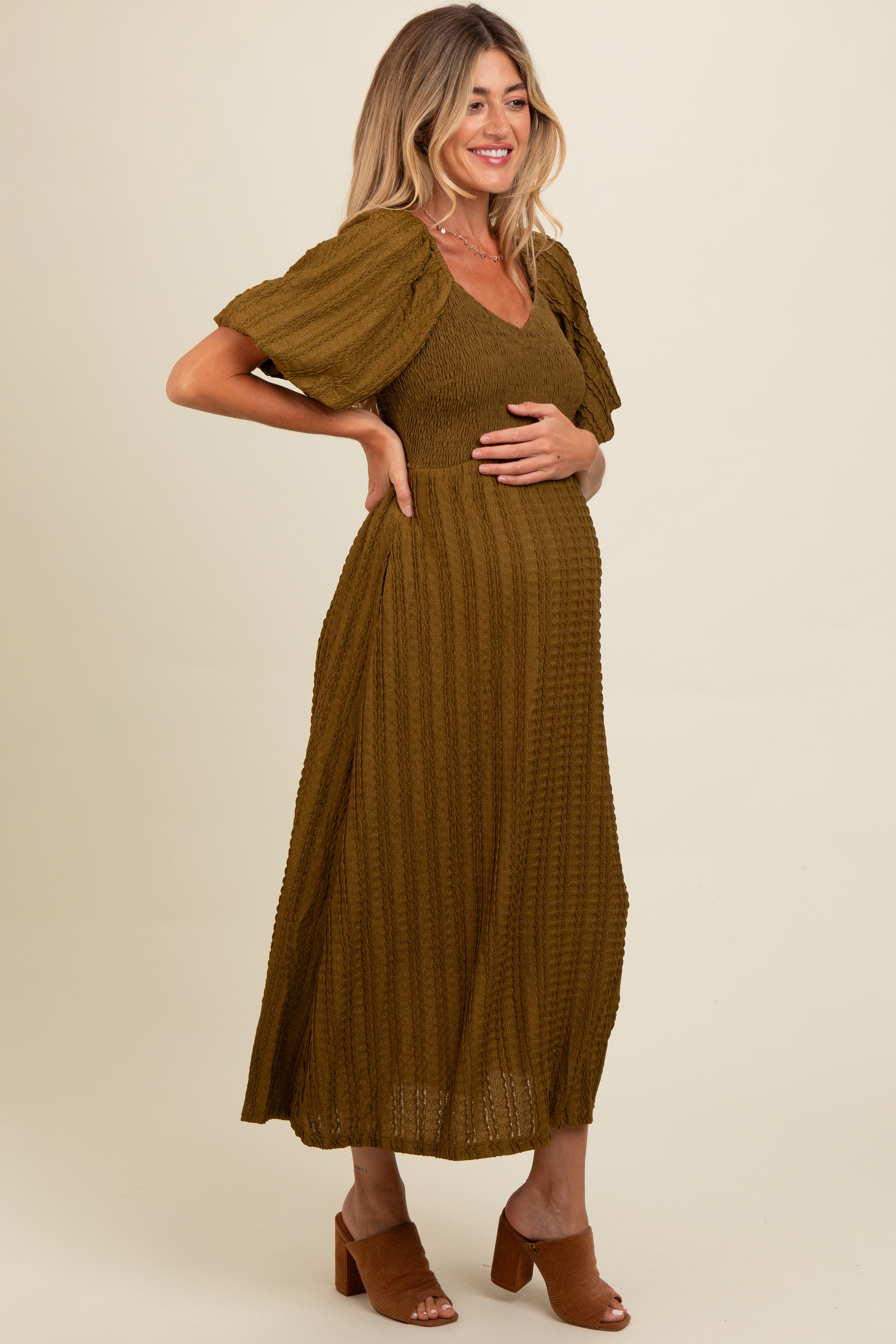 Olive Smocked V-Neck Short Puff Sleeve Textured Maternity Midi Dress PinkBlush