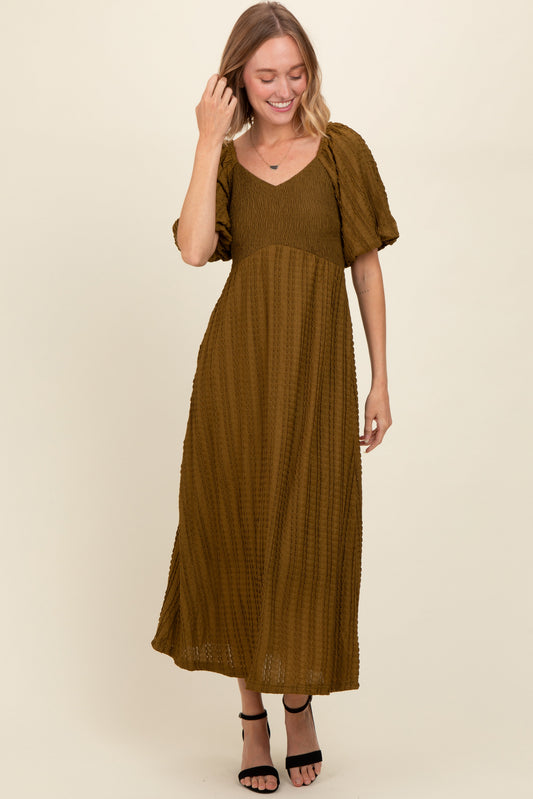 Olive Smocked V-Neck Short Puff Sleeve Textured Midi Dress PinkBlush