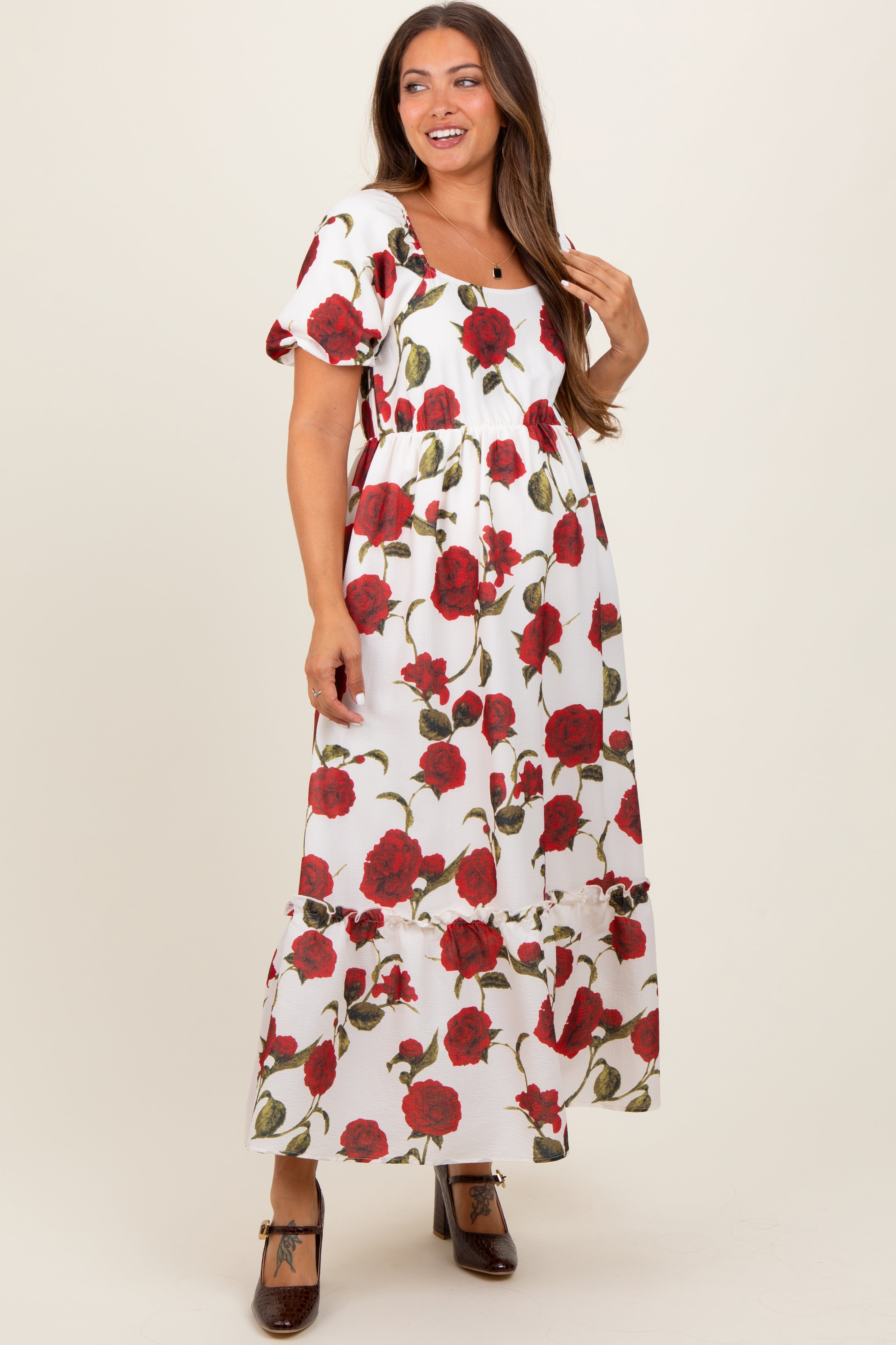 Cream Floral Square Neck Short Puff Sleeve Maternity Midi Dress PinkBlush