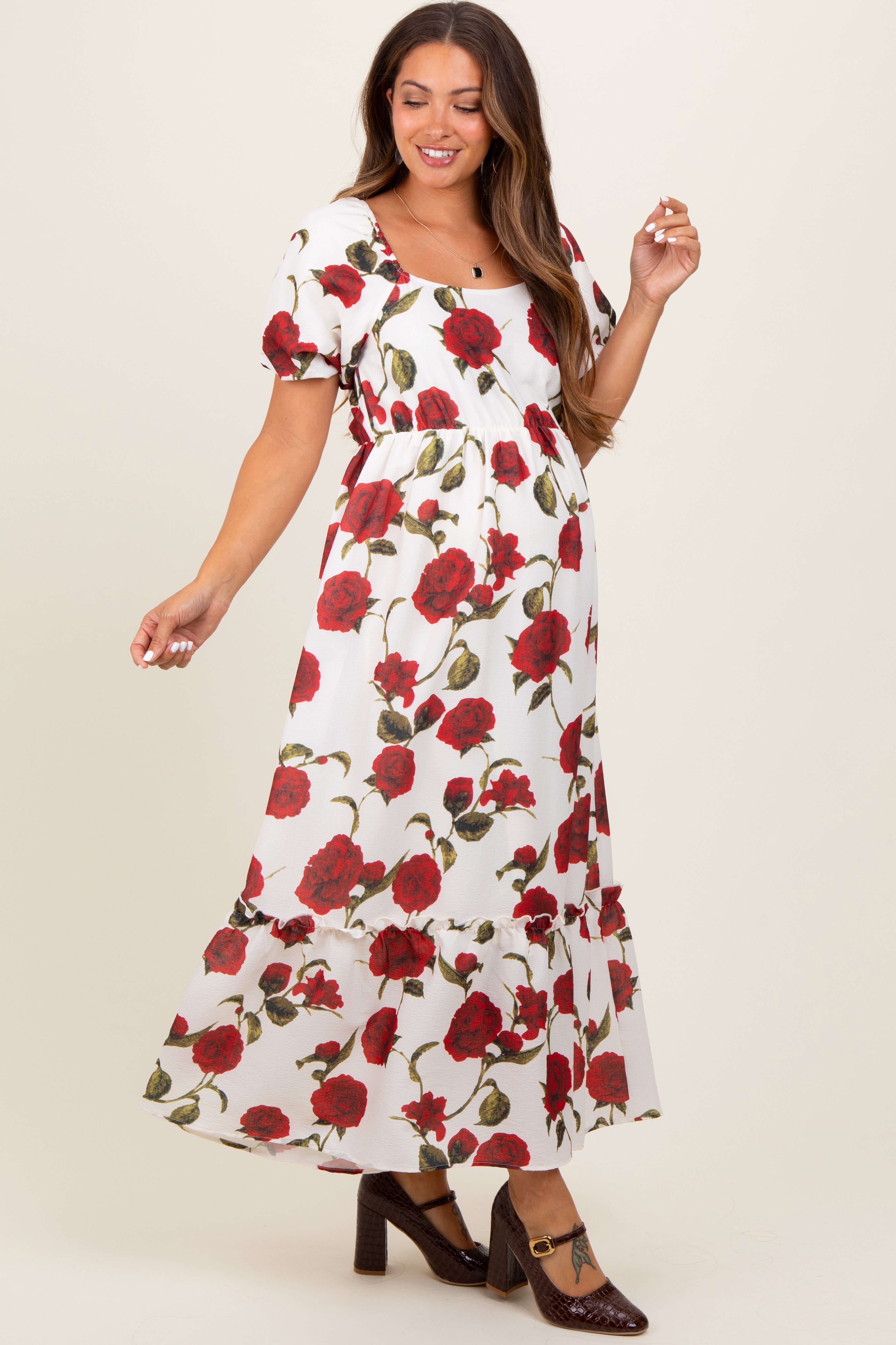 Cream Floral Square Neck Short Puff Sleeve Maternity Midi Dress PinkBlush