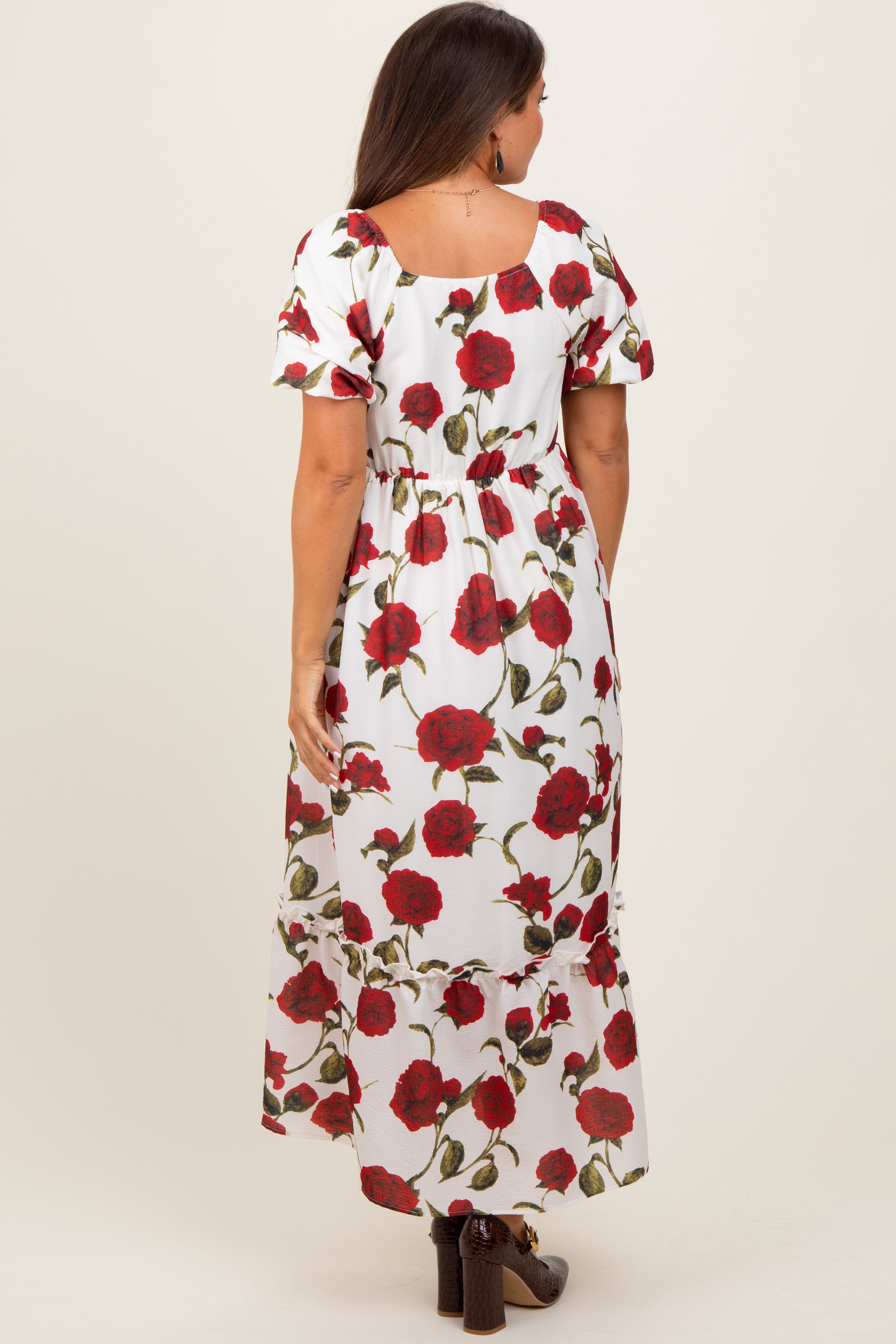 Cream Floral Square Neck Short Puff Sleeve Maternity Midi Dress PinkBlush
