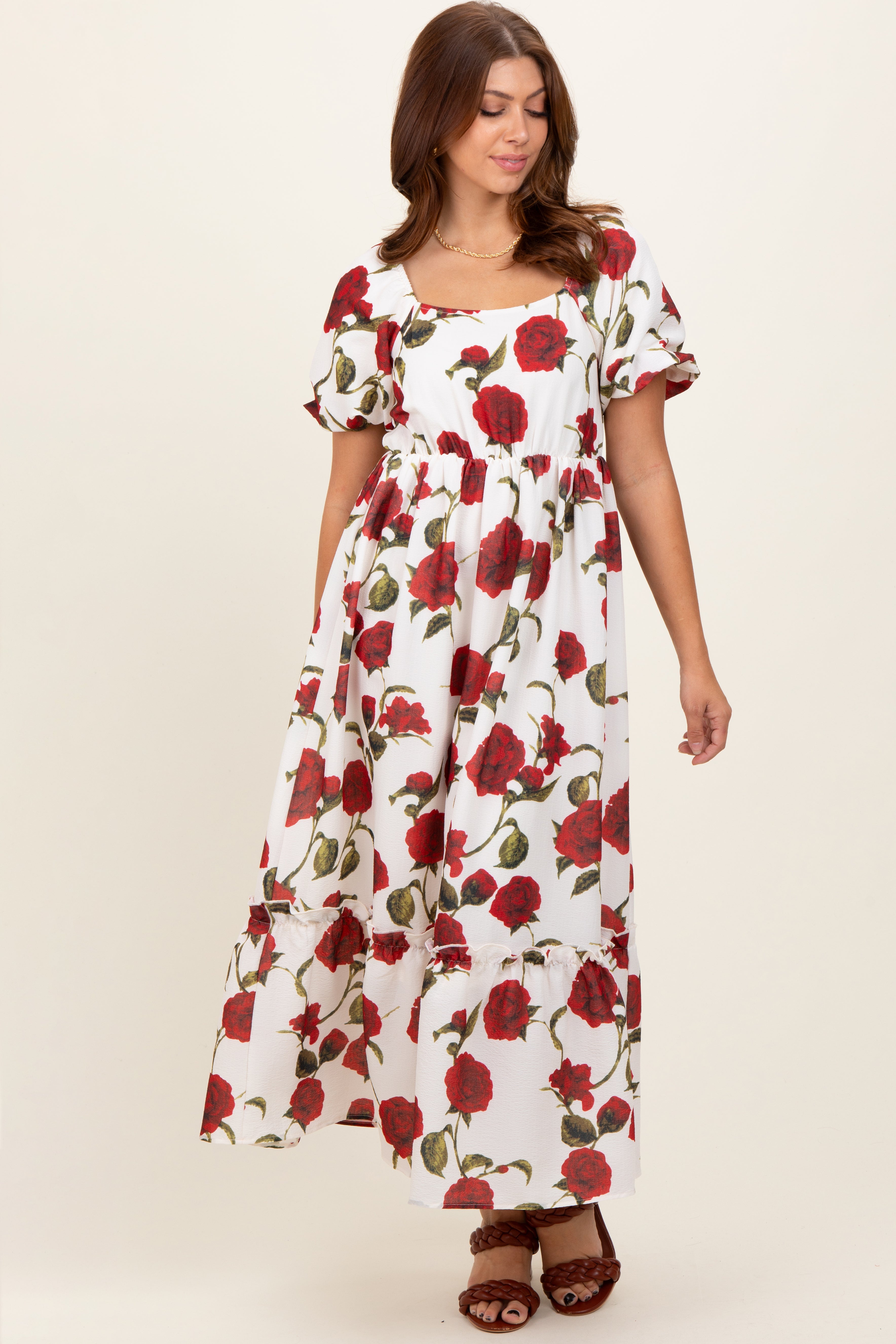 Cream Floral Square Neck Short Puff Sleeve Maternity Midi Dress PinkBlush