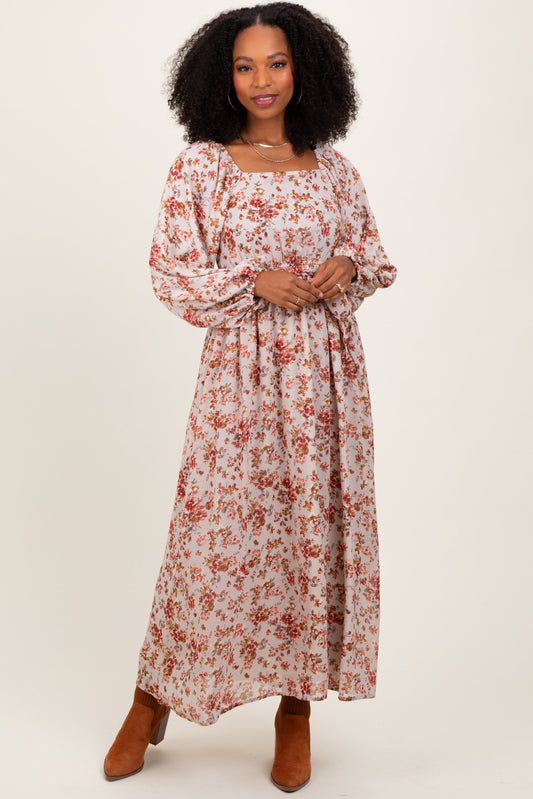 Cream Floral Square Neck Front Tie Midi Dress PinkBlush