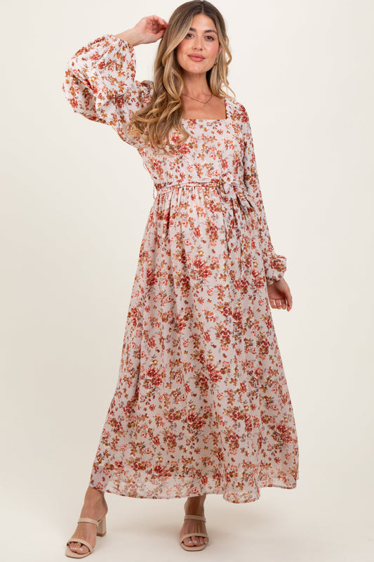 Cream Floral Square Neck Front Tie Maternity Midi Dress PinkBlush