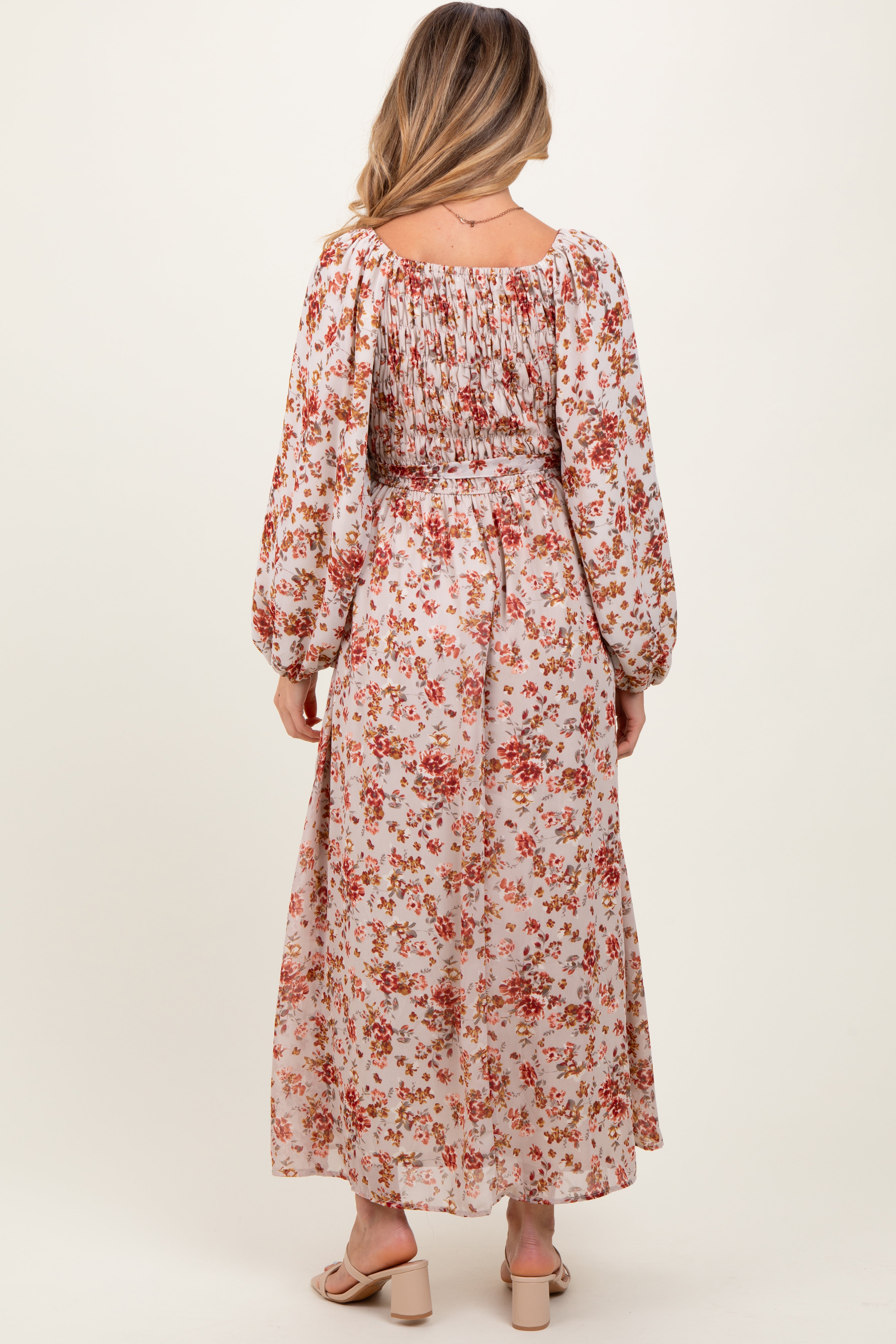 Cream Floral Square Neck Front Tie Maternity Midi Dress PinkBlush