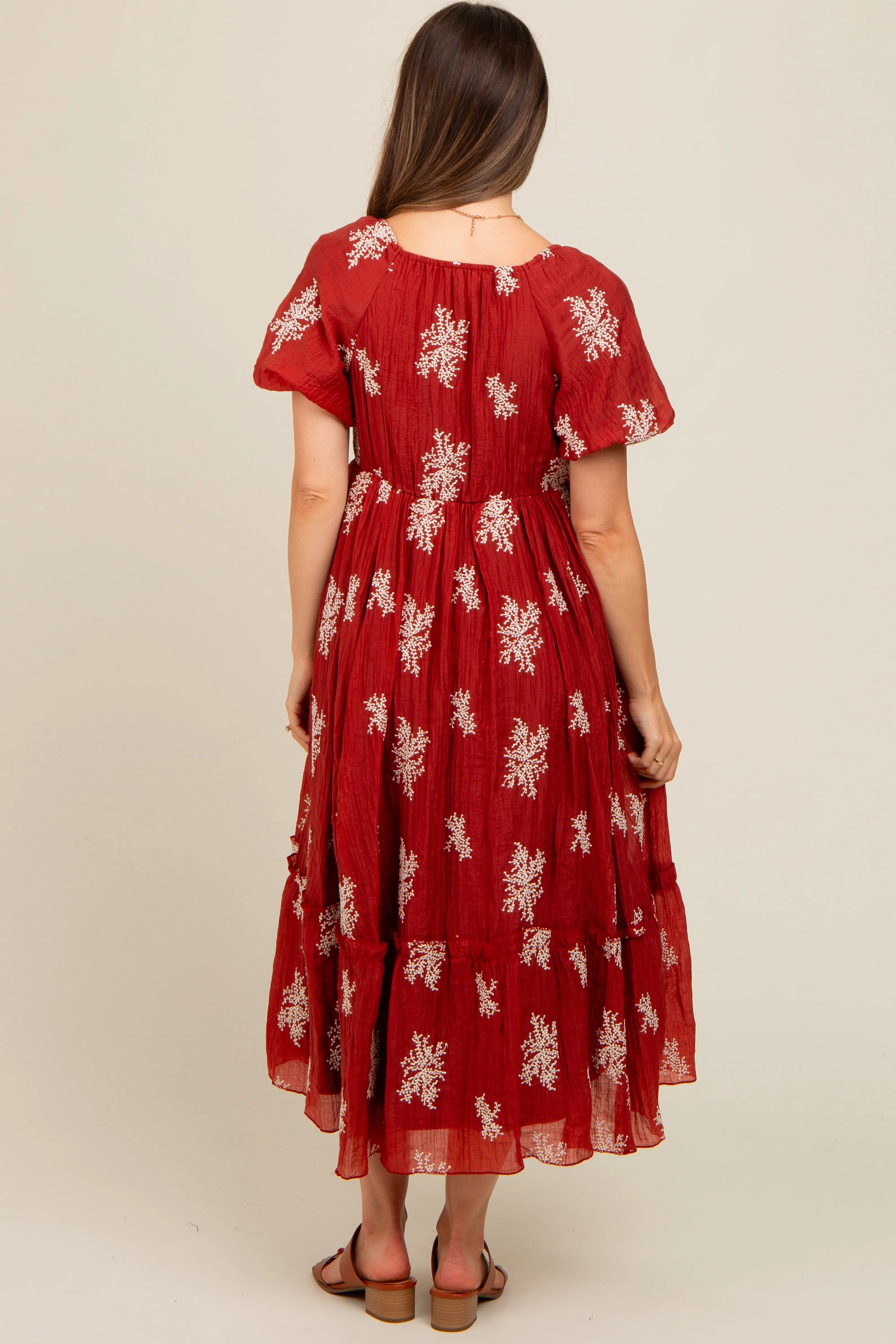 Rust Floral Print Ruffle Hem Maternity Midi Dress PinkBlush