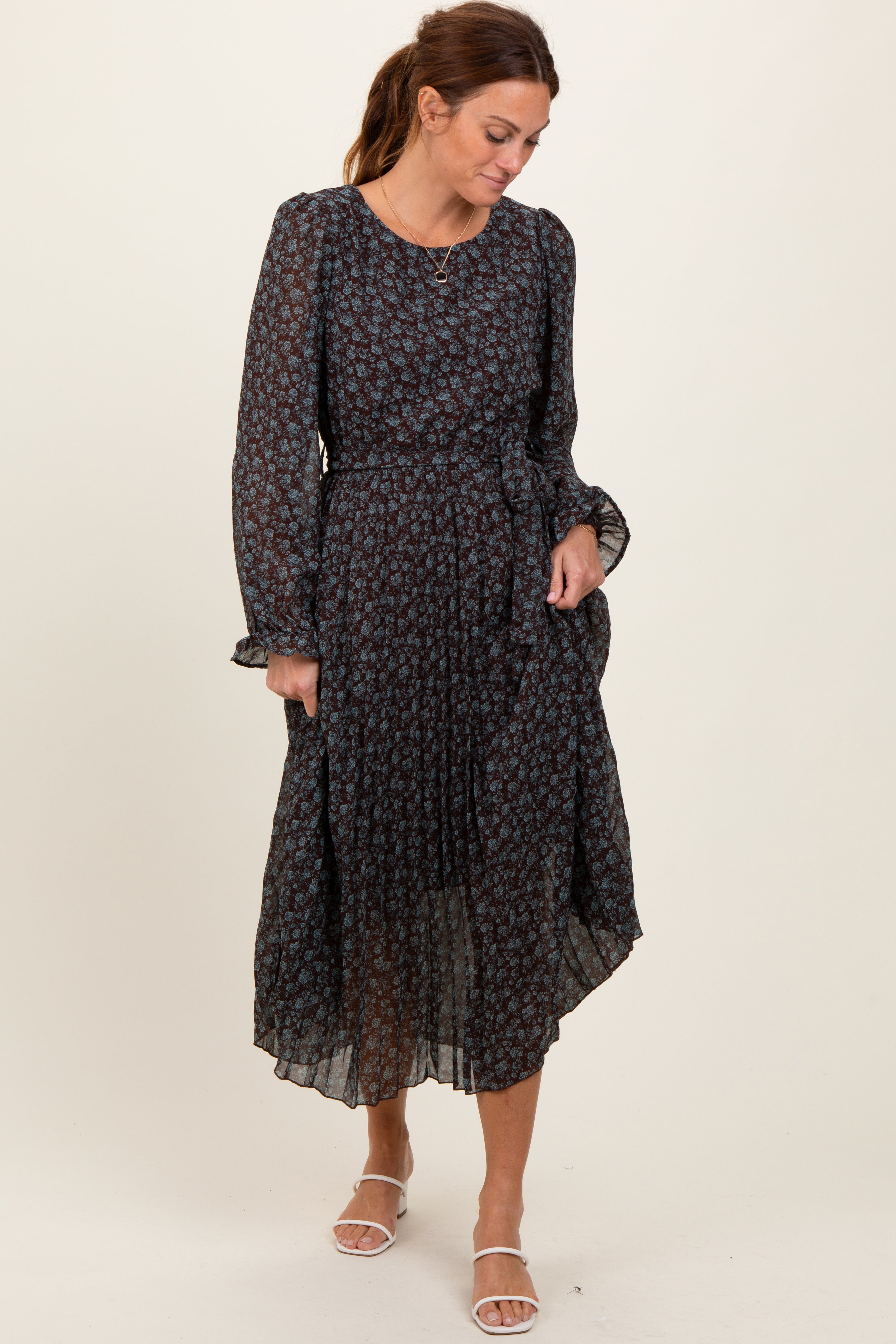 Brown Floral Front Tie Pleated Midi Dress PinkBlush