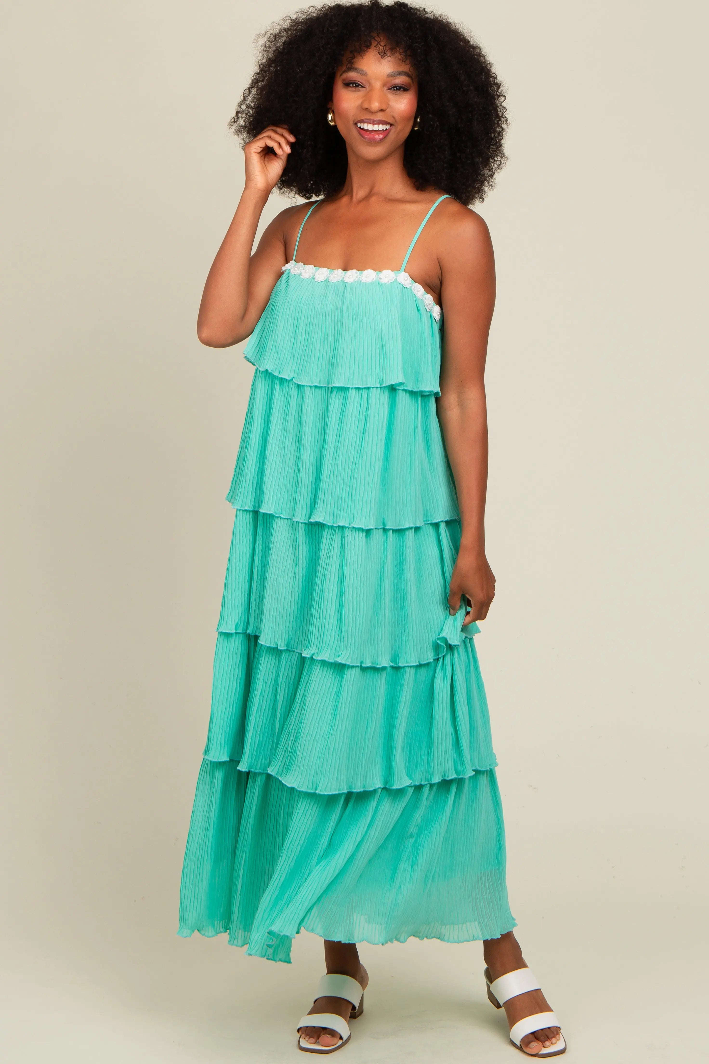 Aqua Ruffle Tiered Maternity Maxi Dress PinkBlush