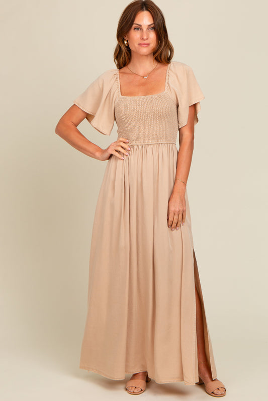 Beige Chambray Smocked Maxi Dress PinkBlush