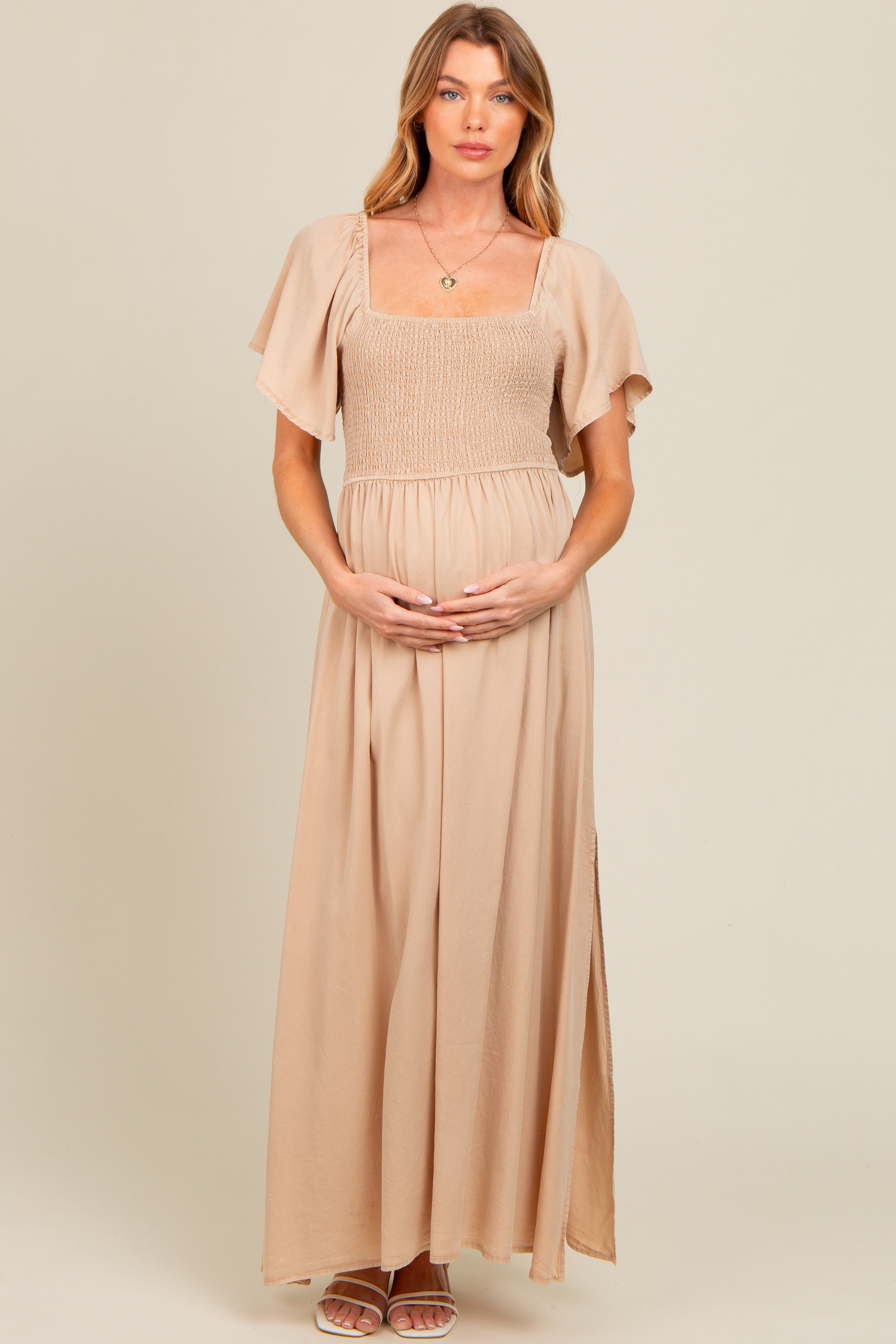 Beige Chambray Smocked Maternity Maxi Dress PinkBlush