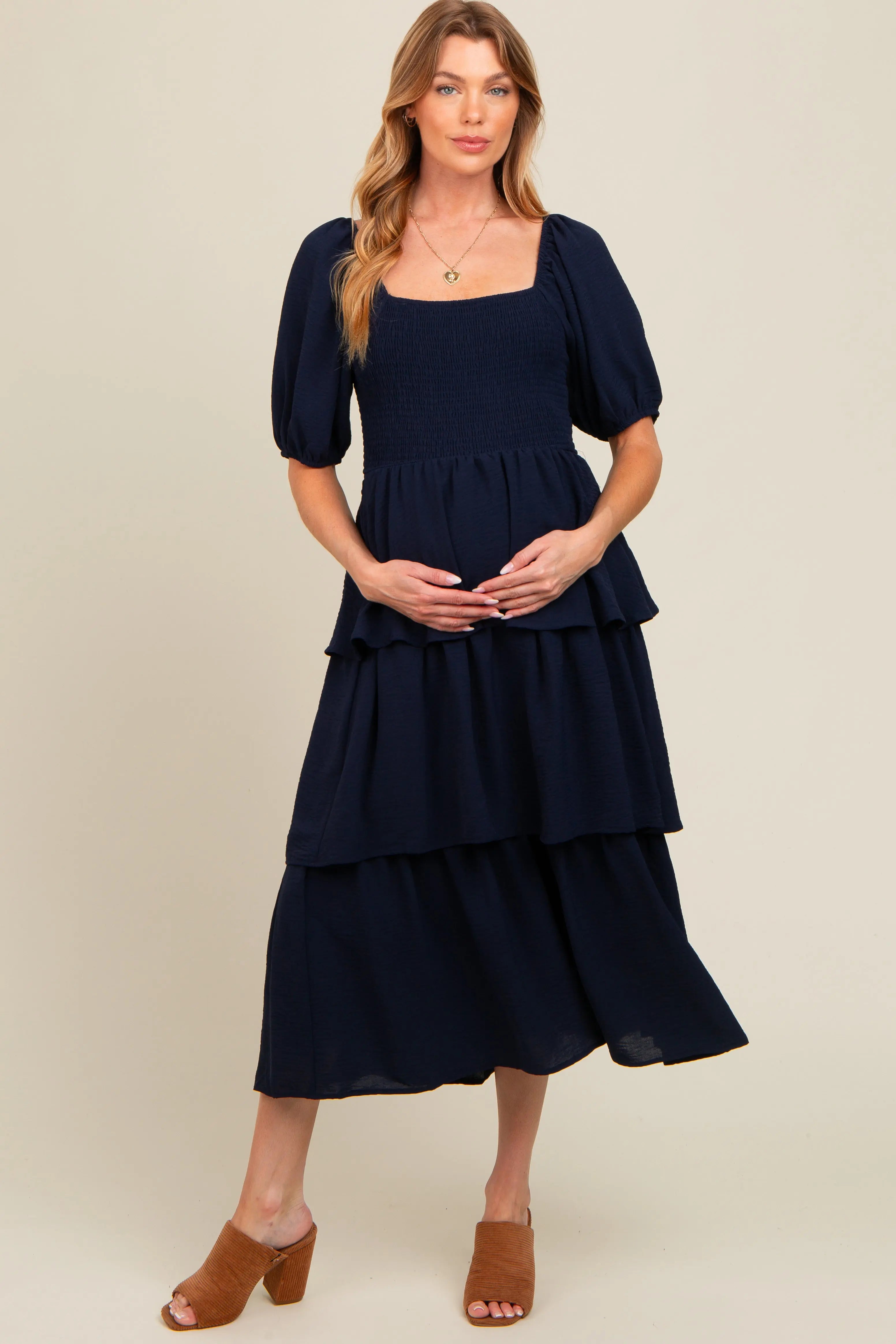 Navy Smocked Body Ruffled Tiered Maternity Midi Dress PinkBlush
