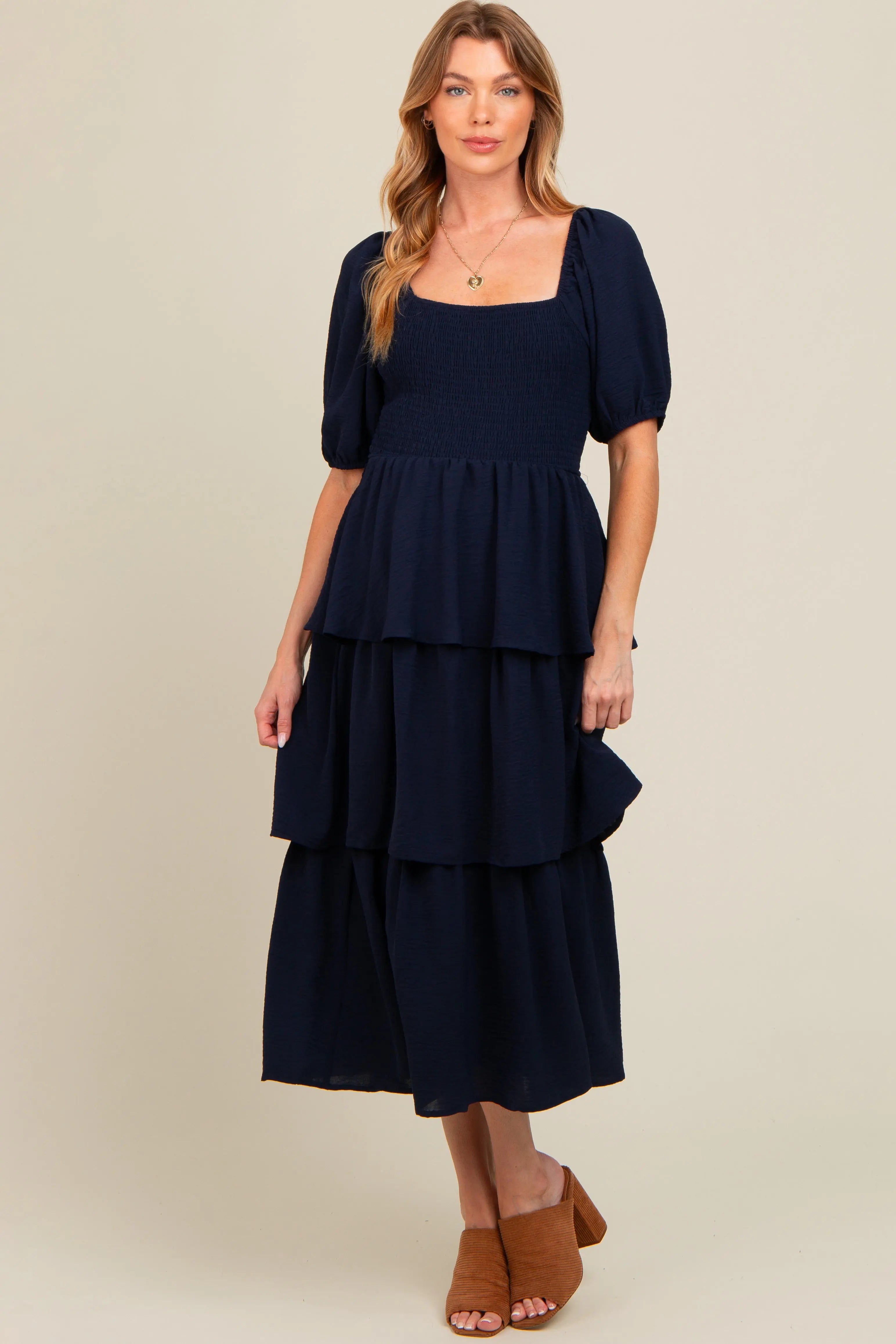 Navy Smocked Body Ruffled Tiered Maternity Midi Dress PinkBlush