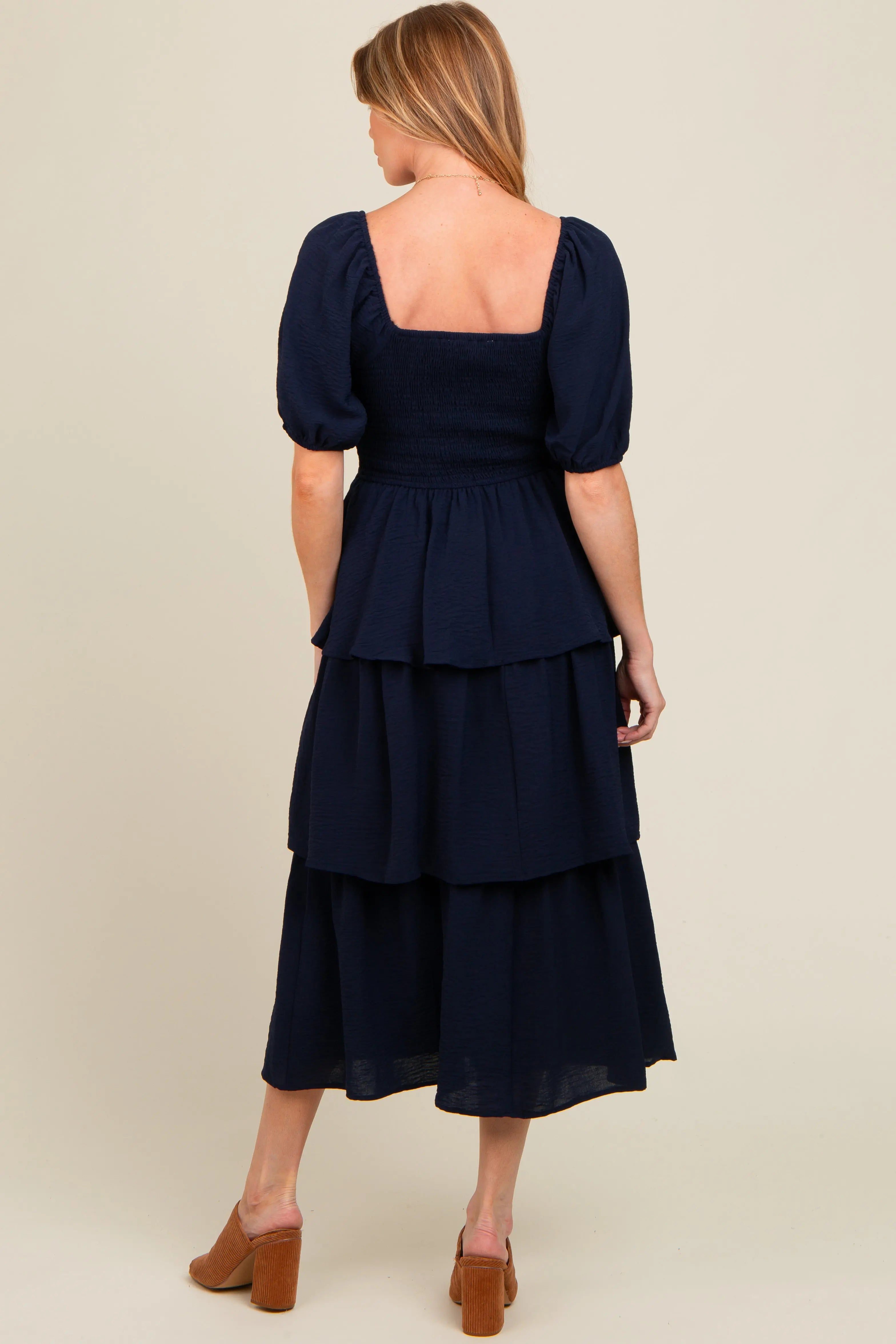Navy Smocked Body Ruffled Tiered Maternity Midi Dress PinkBlush