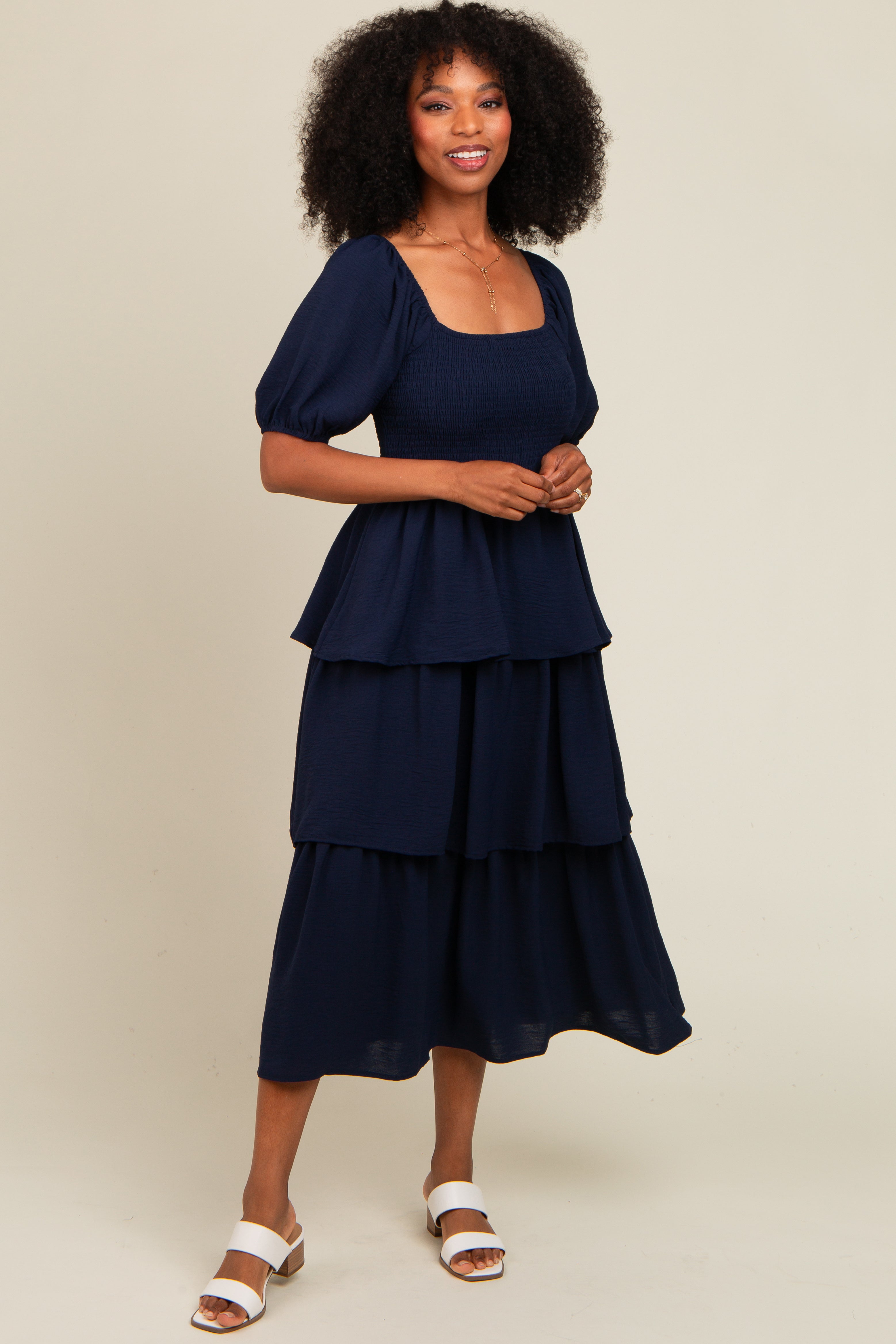 Navy Smocked Body Ruffled Tiered Midi Dress PinkBlush
