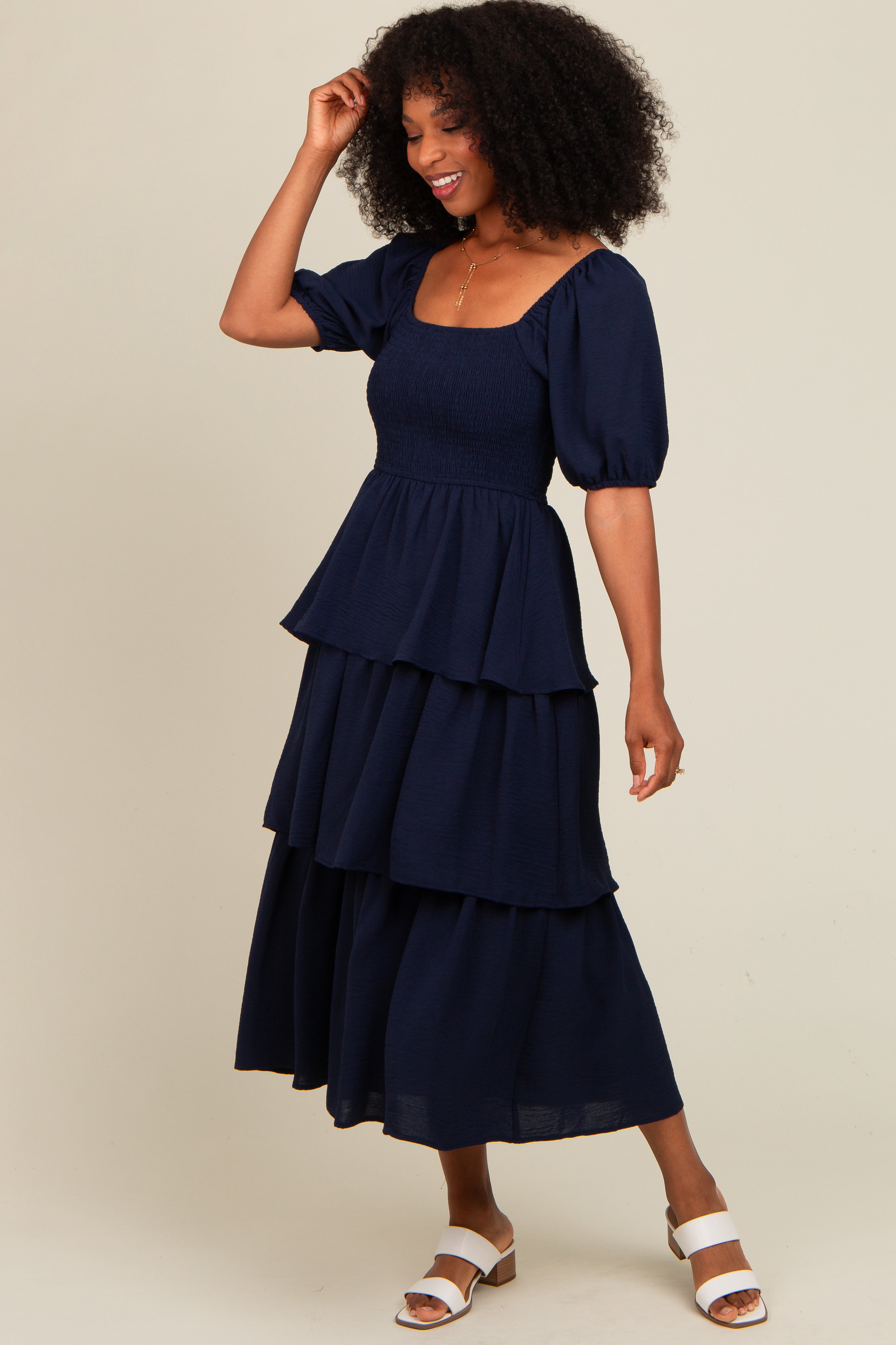 Navy Smocked Body Ruffled Tiered Midi Dress PinkBlush