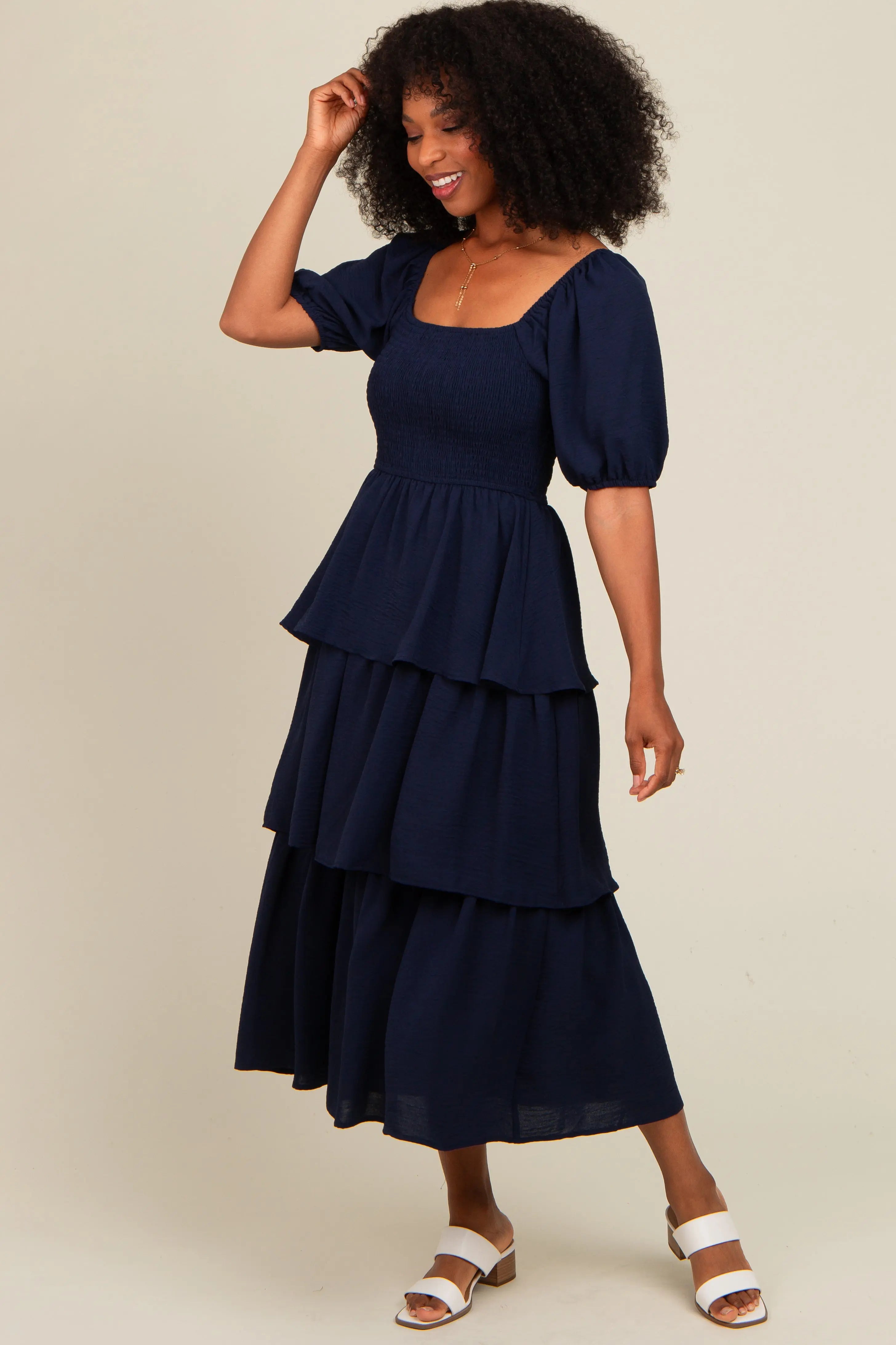 Navy Smocked Body Ruffled Tiered Maternity Midi Dress PinkBlush