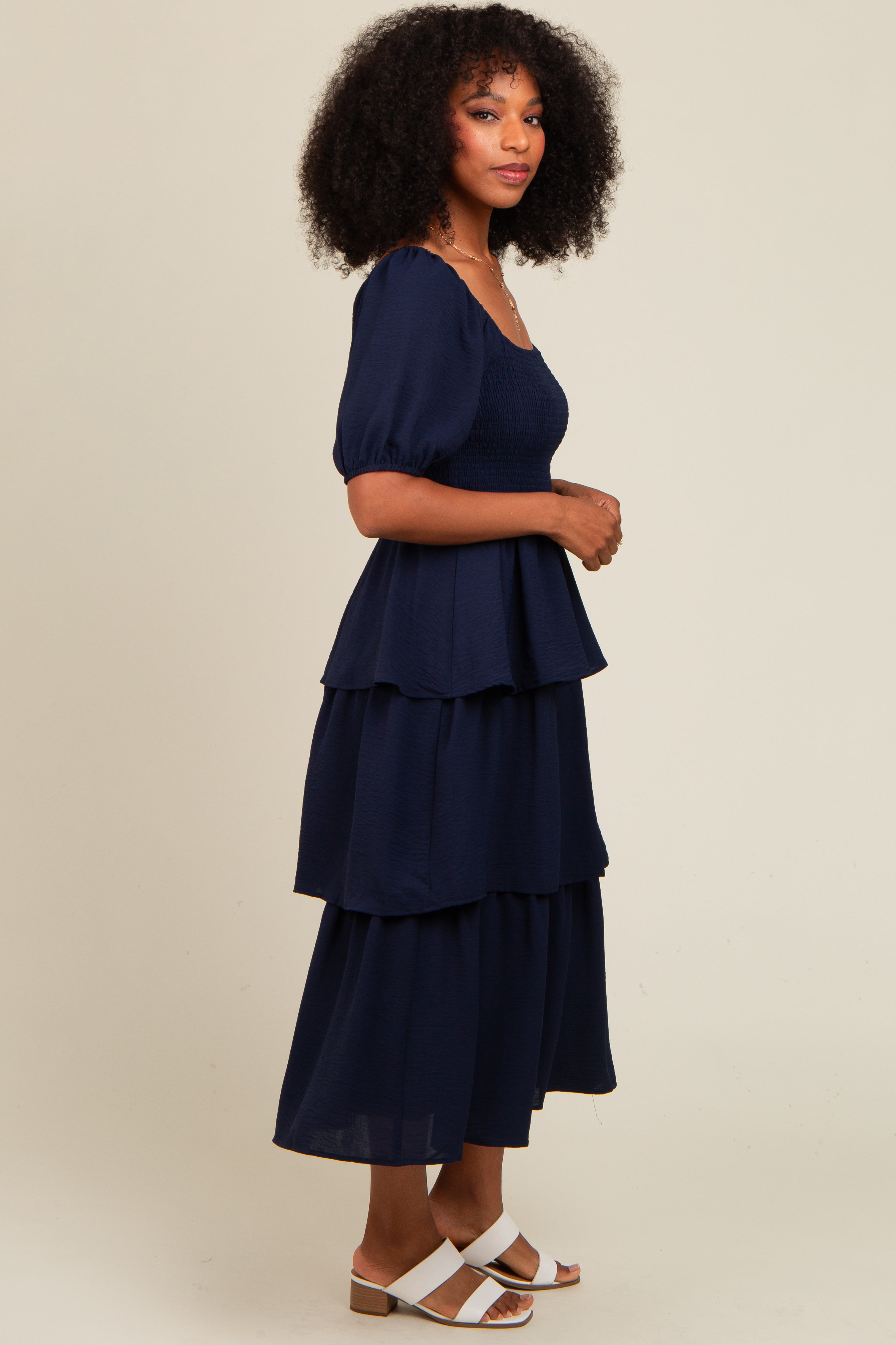 Navy Smocked Body Ruffled Tiered Midi Dress PinkBlush