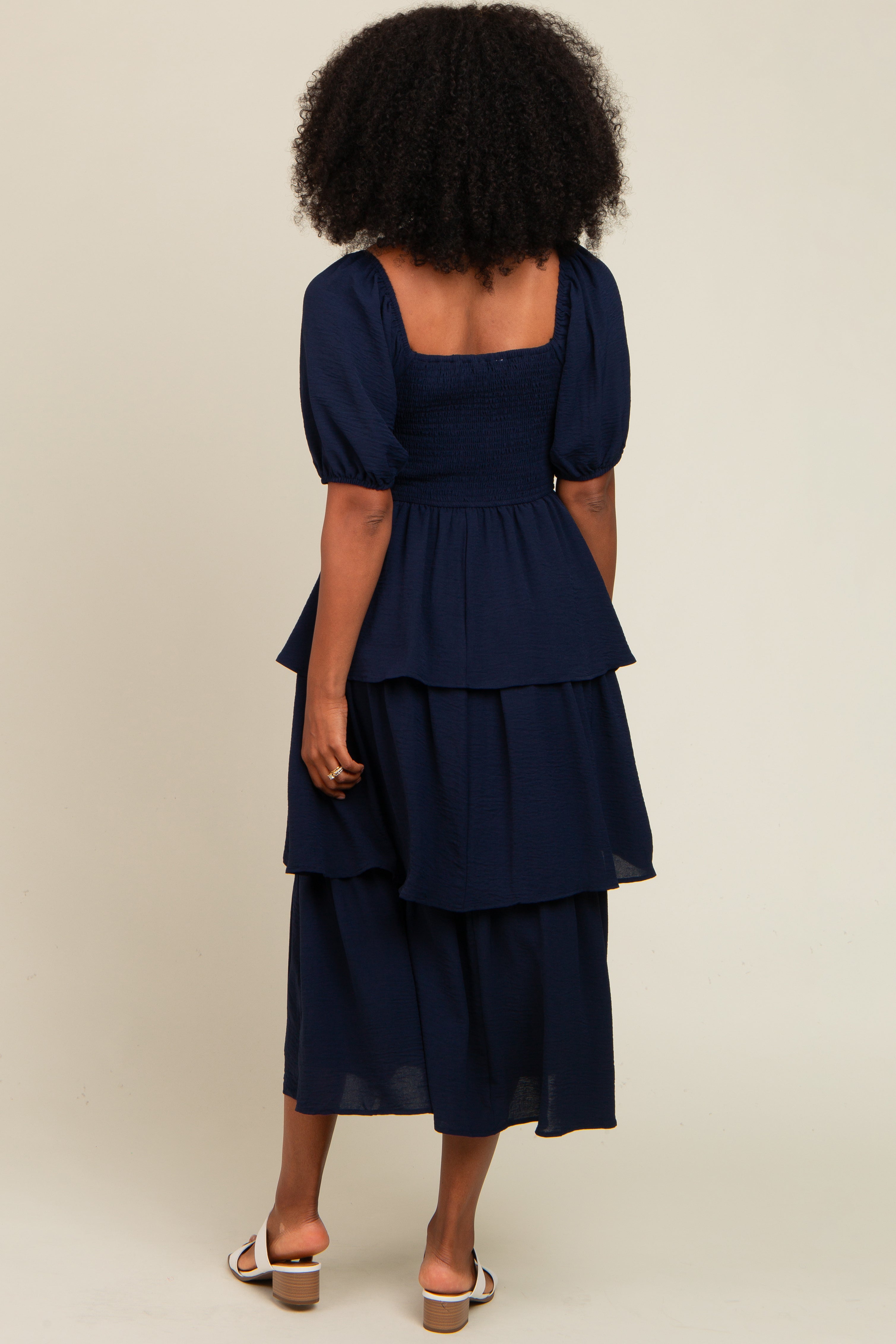 Navy Smocked Body Ruffled Tiered Midi Dress PinkBlush