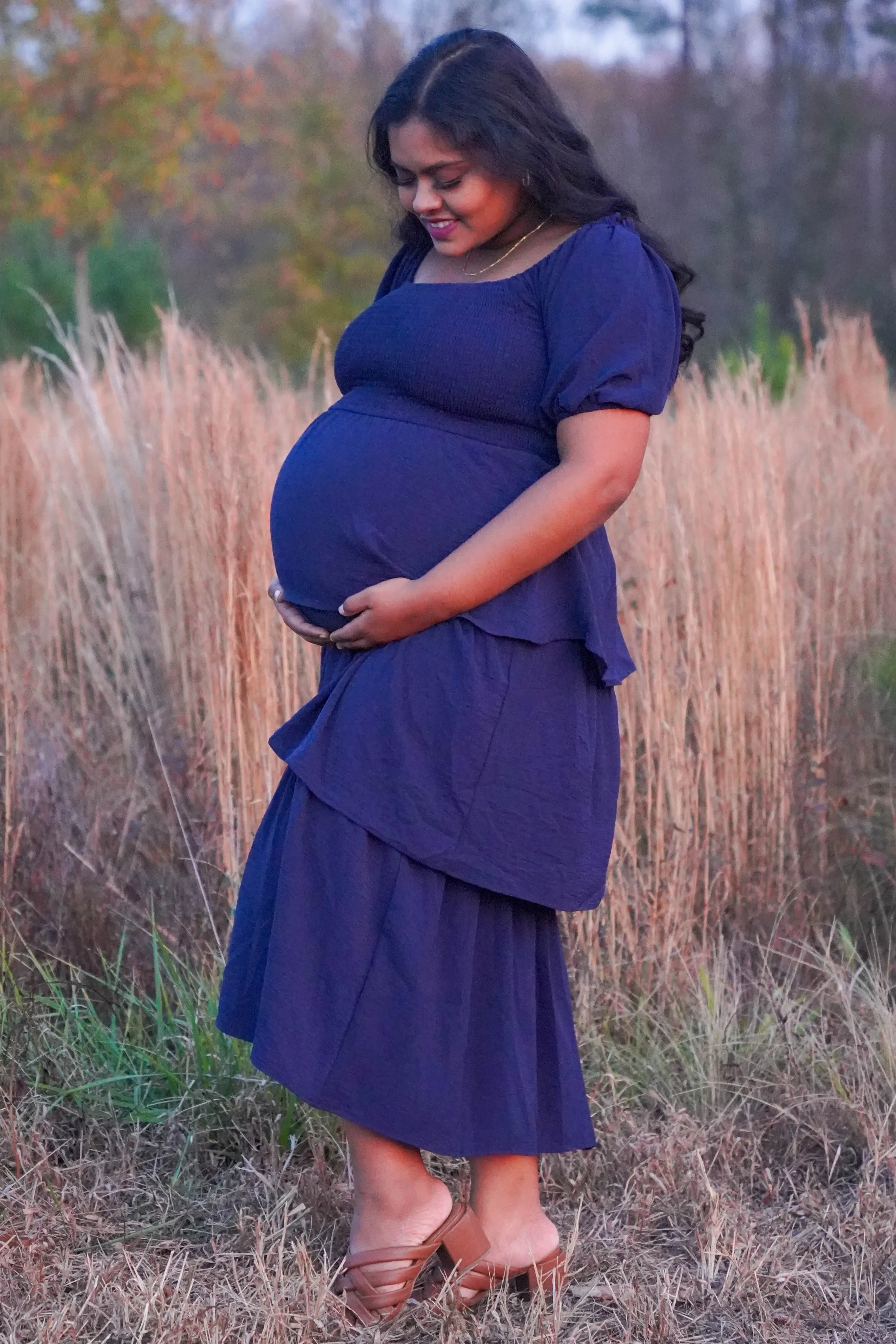Navy Smocked Body Ruffled Tiered Maternity Midi Dress PinkBlush