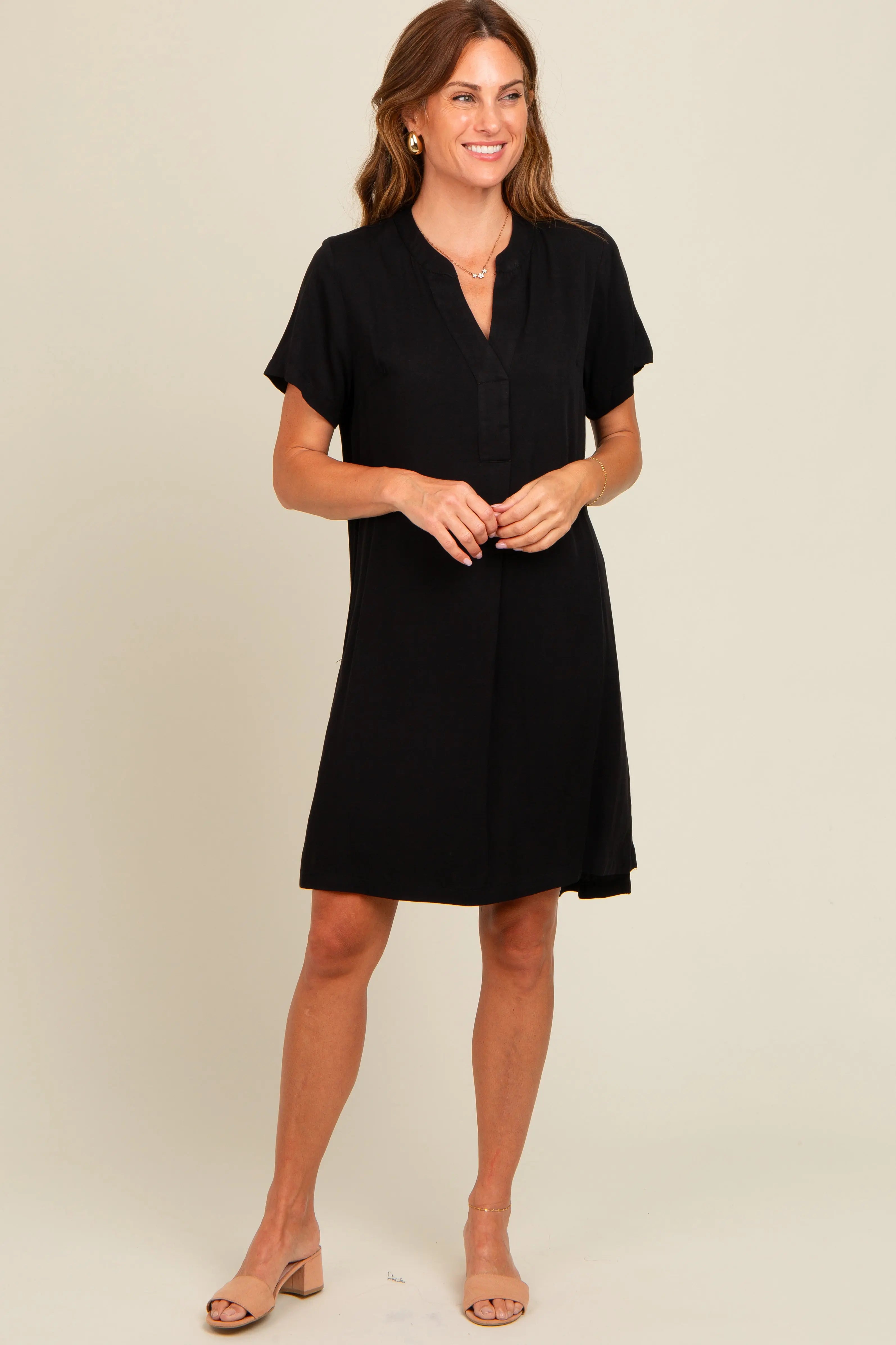 Black V-Neck Basic Shirt Dress PinkBlush
