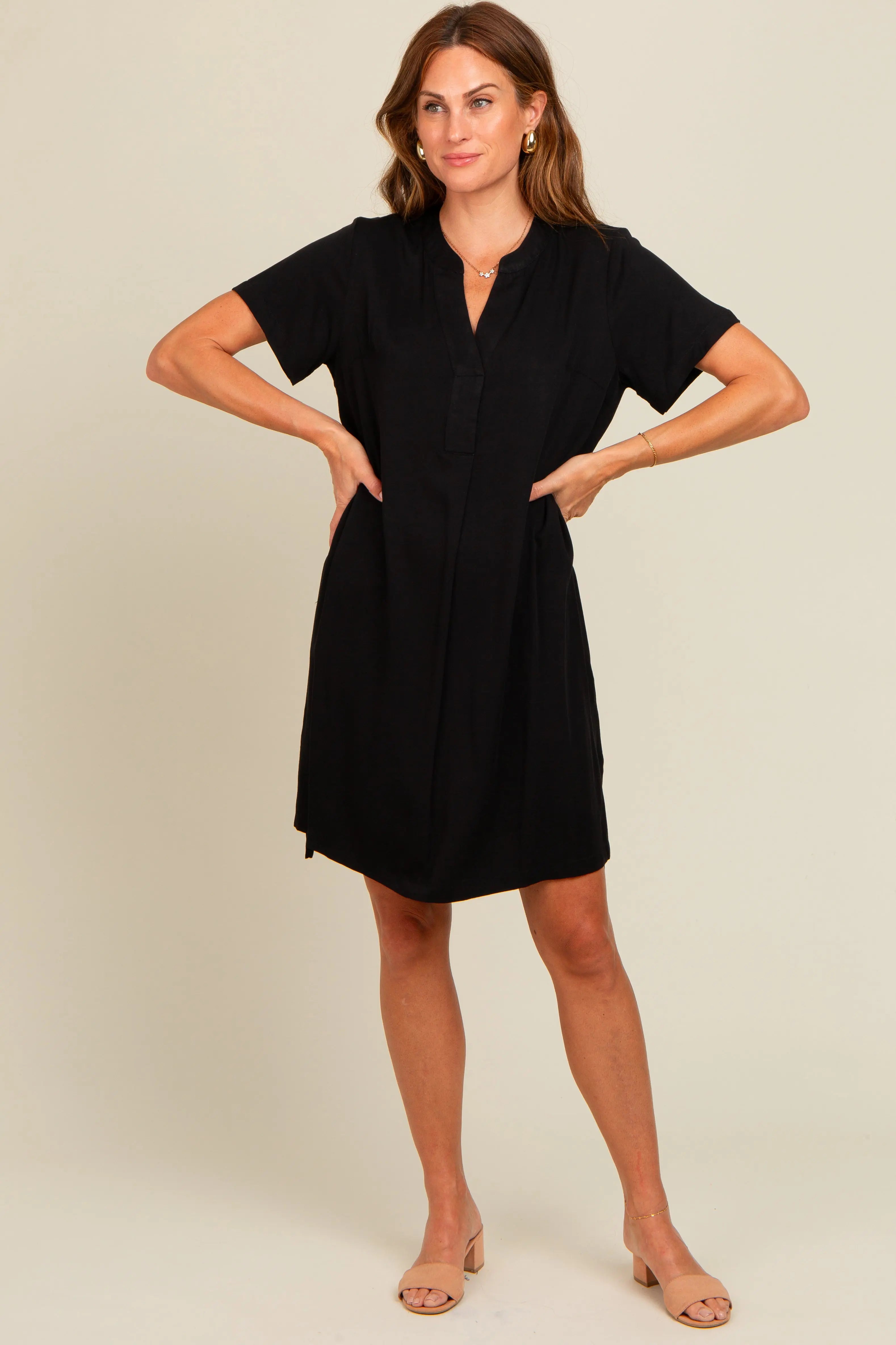 Black V-Neck Basic Shirt Dress PinkBlush