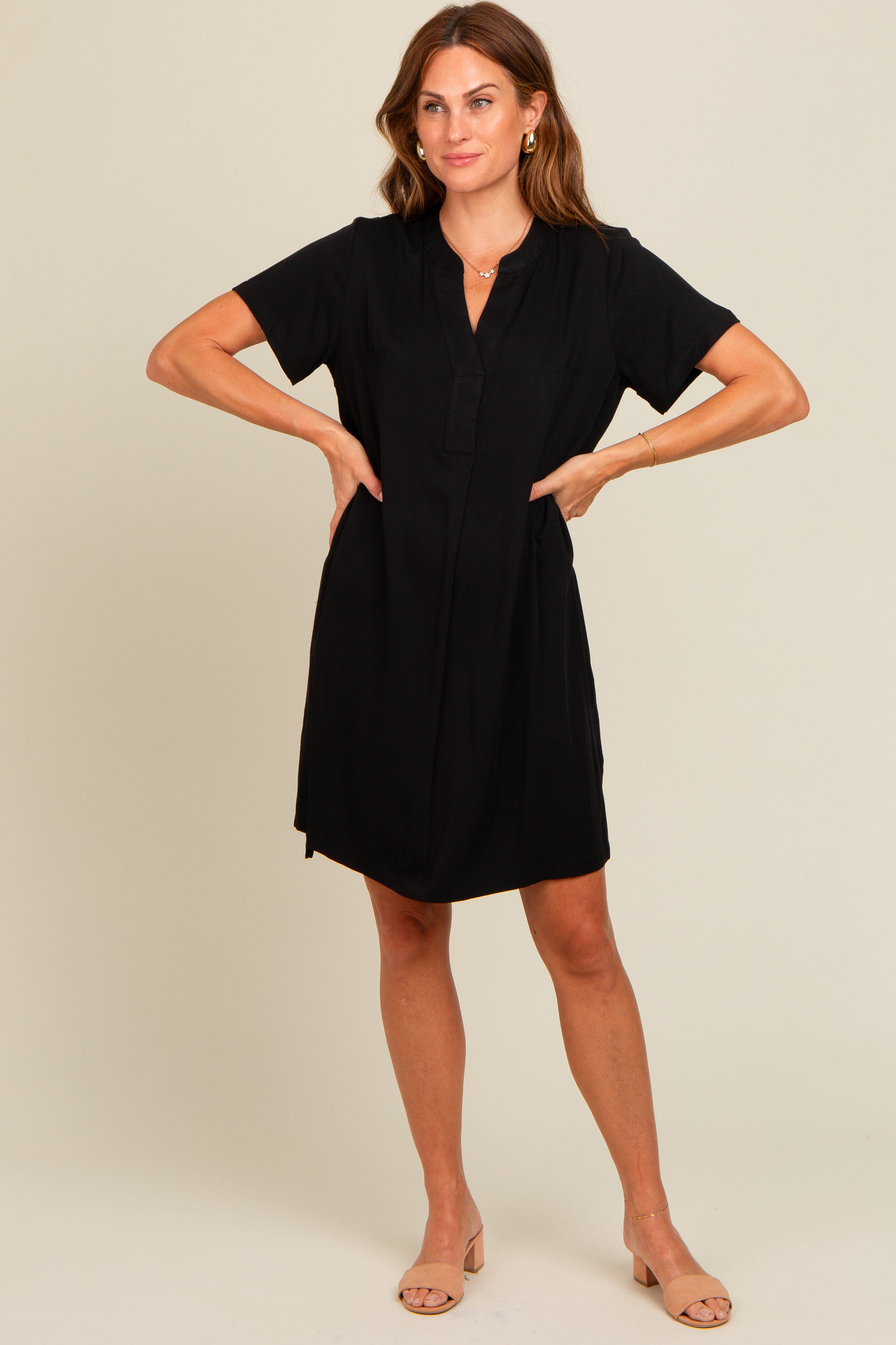 Black V-Neck Basic Maternity Shirt Dress PinkBlush