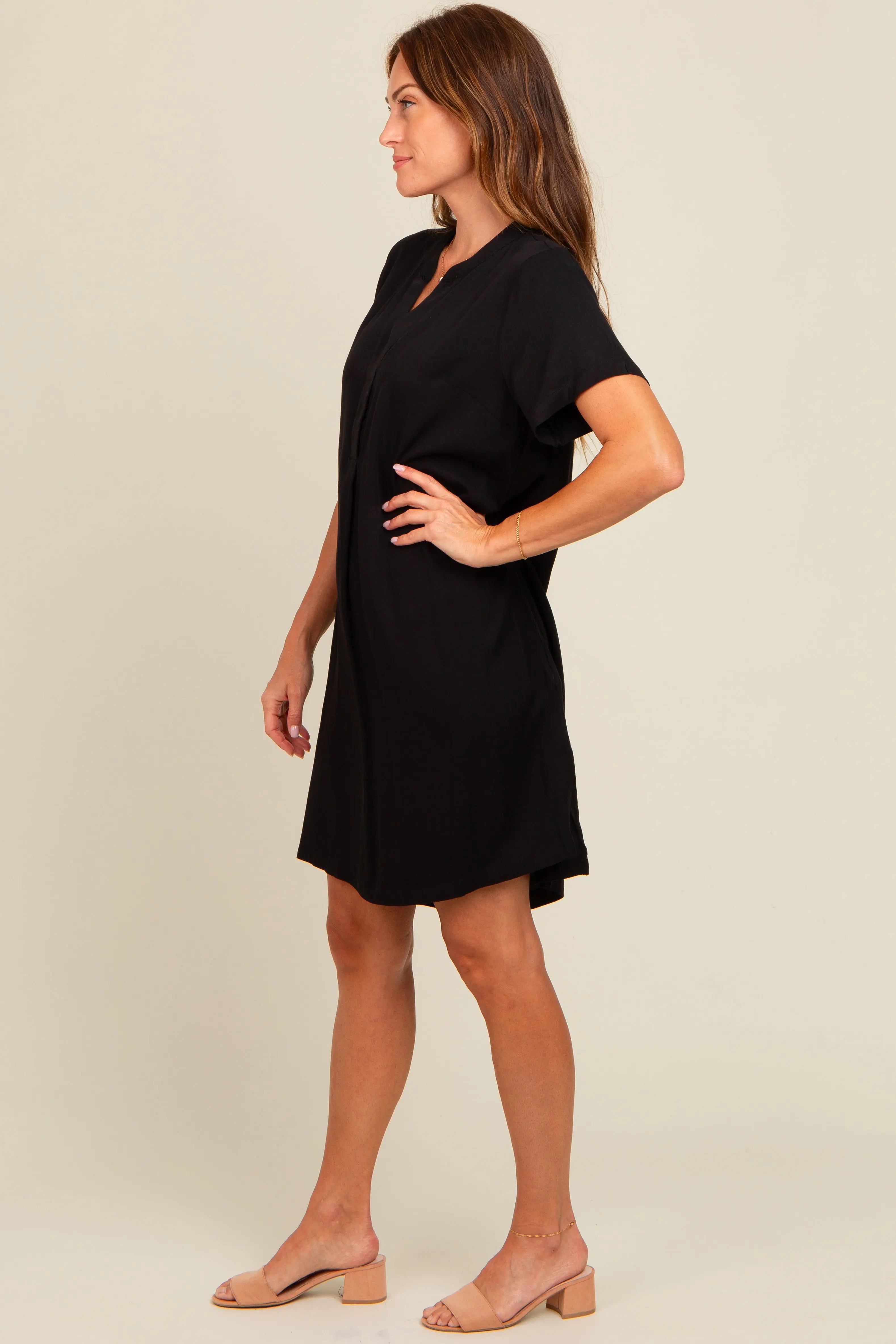 Black V-Neck Basic Shirt Dress PinkBlush