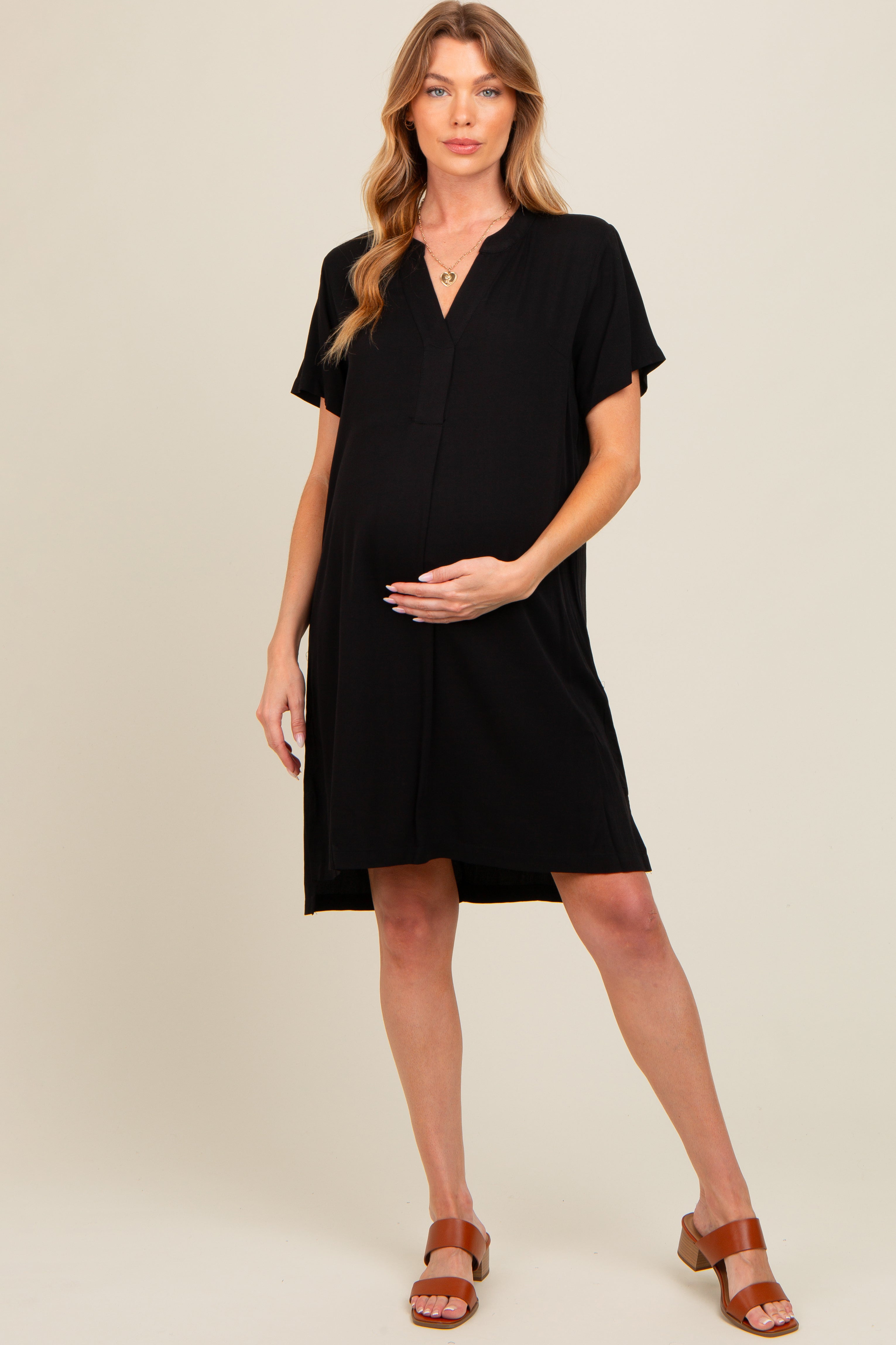 Black V-Neck Basic Maternity Shirt Dress PinkBlush