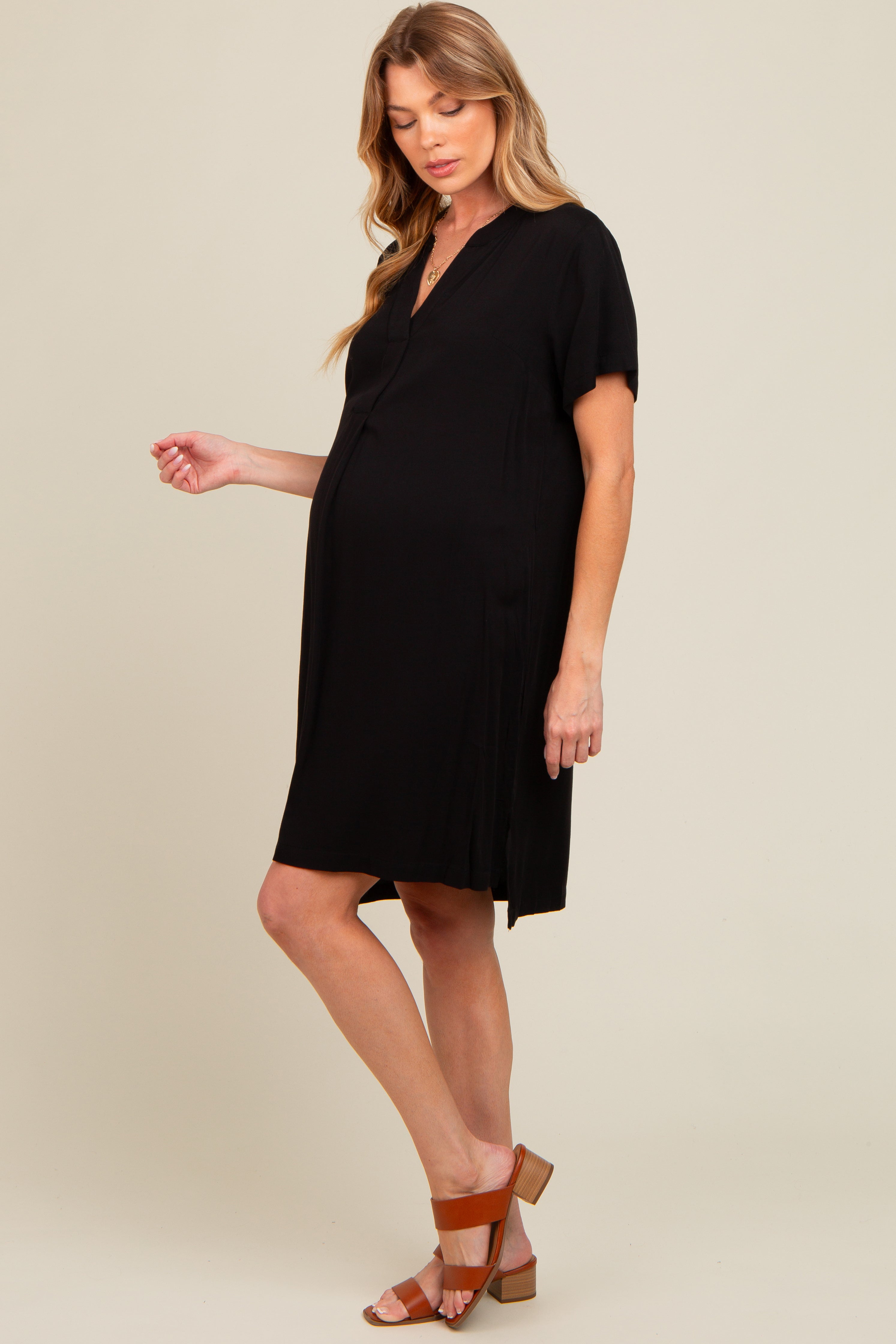 Black V-Neck Basic Maternity Shirt Dress PinkBlush