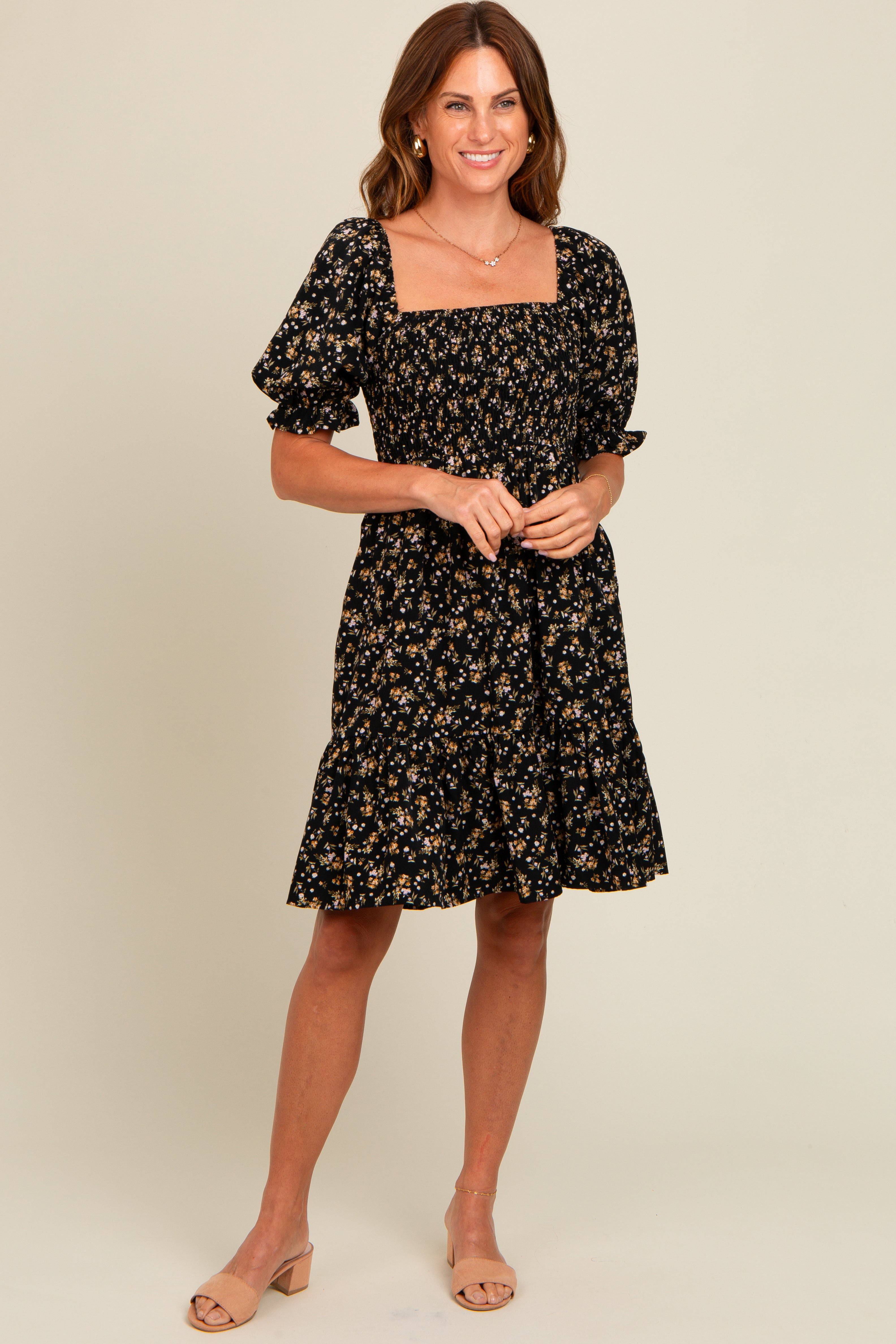Black Floral Smocked Puff Sleeve Maternity Dress PinkBlush