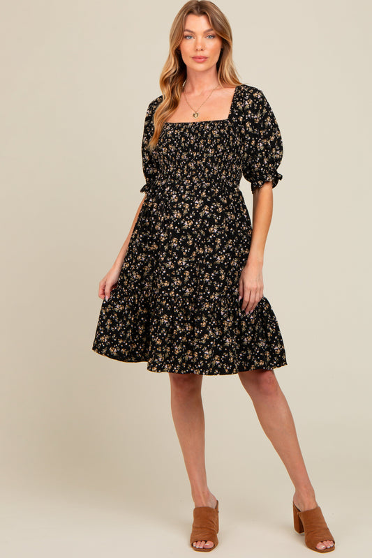 Black Floral Smocked Puff Sleeve Maternity Dress PinkBlush