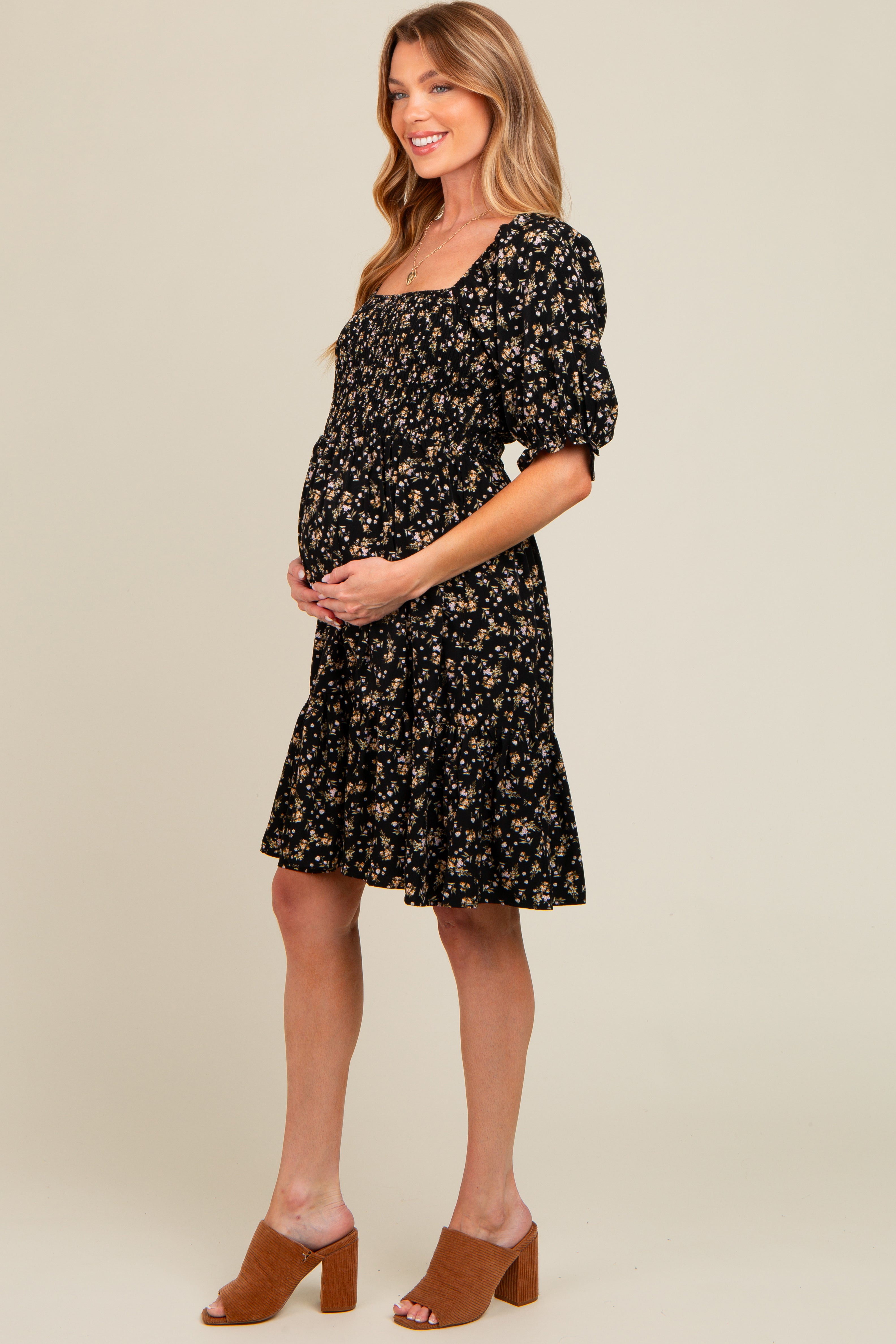 Black Floral Smocked Puff Sleeve Maternity Dress PinkBlush