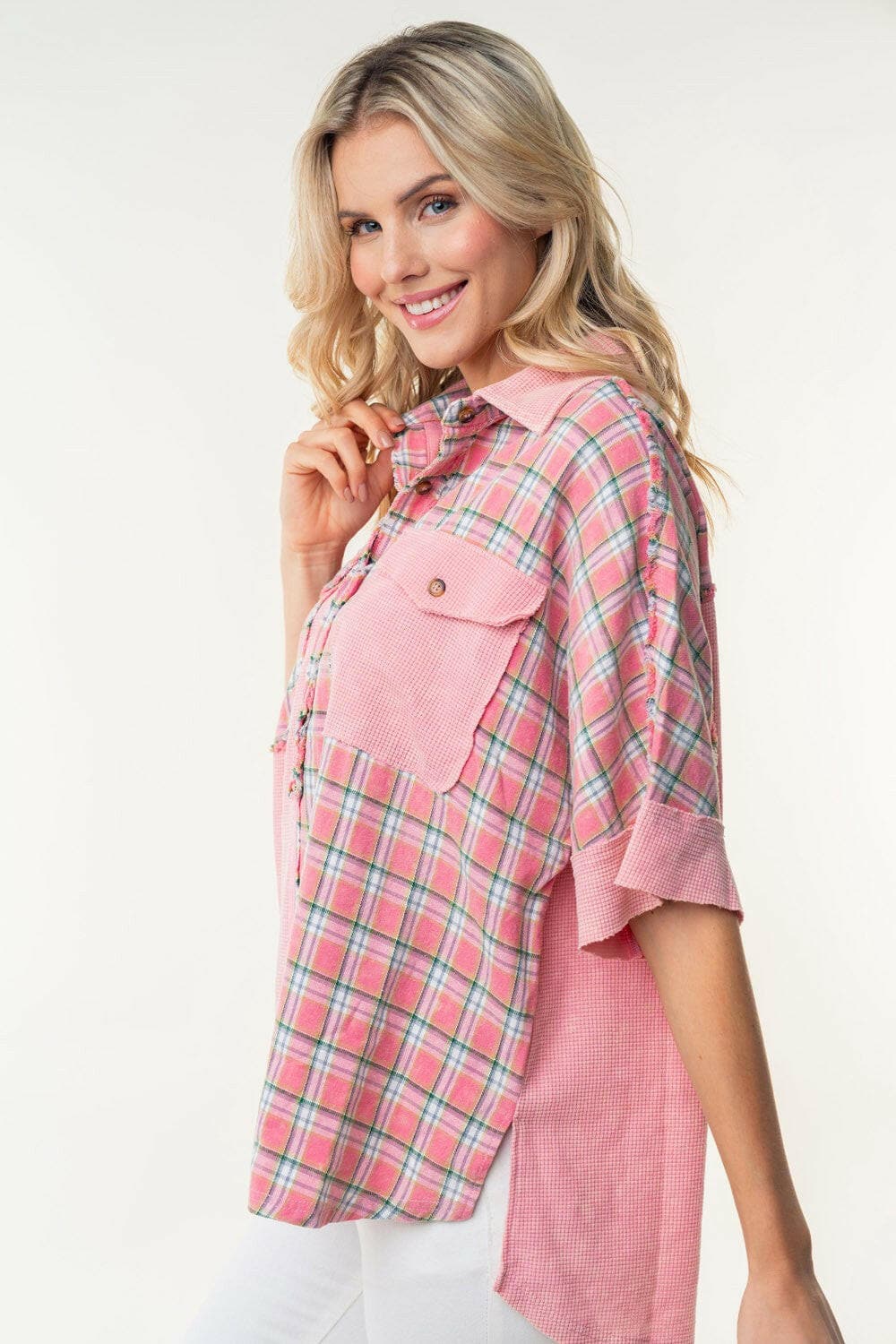 White Birch Plaid Color Block Half Button Top.