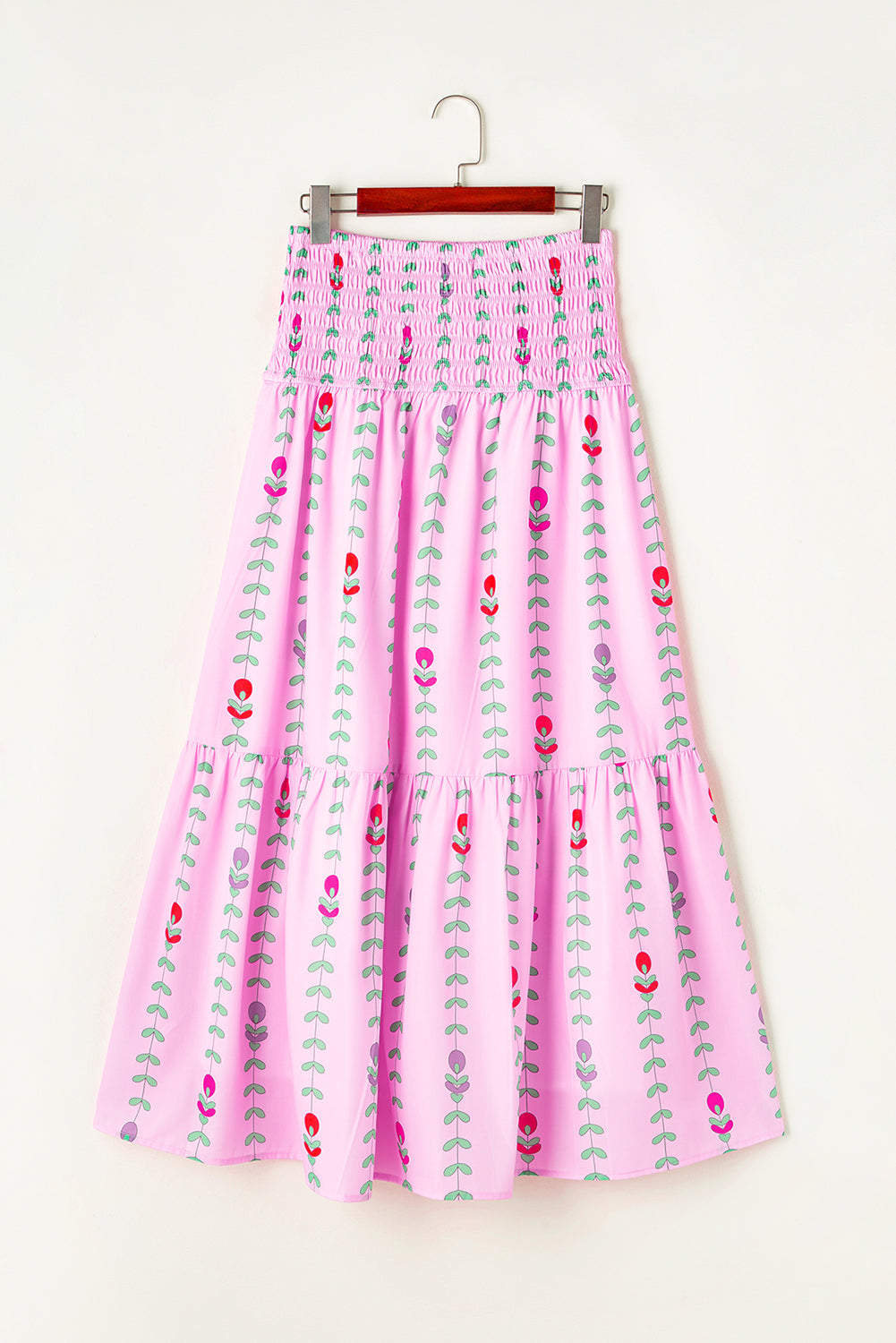 Pink Printed Smocked Tiered Maxi Skirt