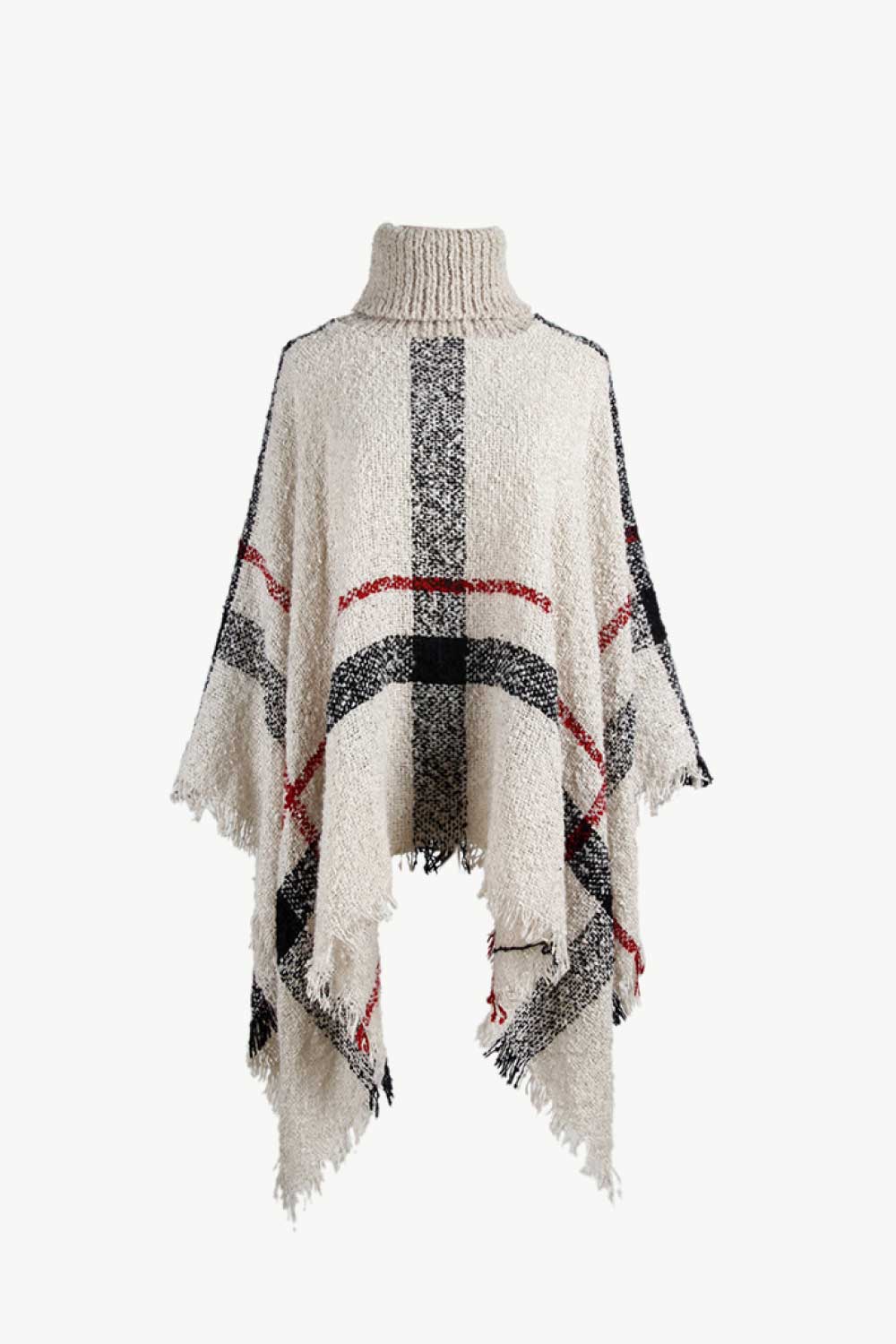 Plaid Turtleneck Raw Hem Poncho.