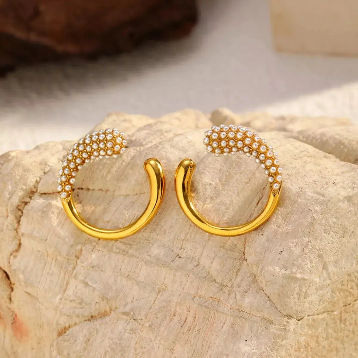 Gold Plated Synthetic Pearl Accented C Hoop Earrings Stainless Steel Simply Love